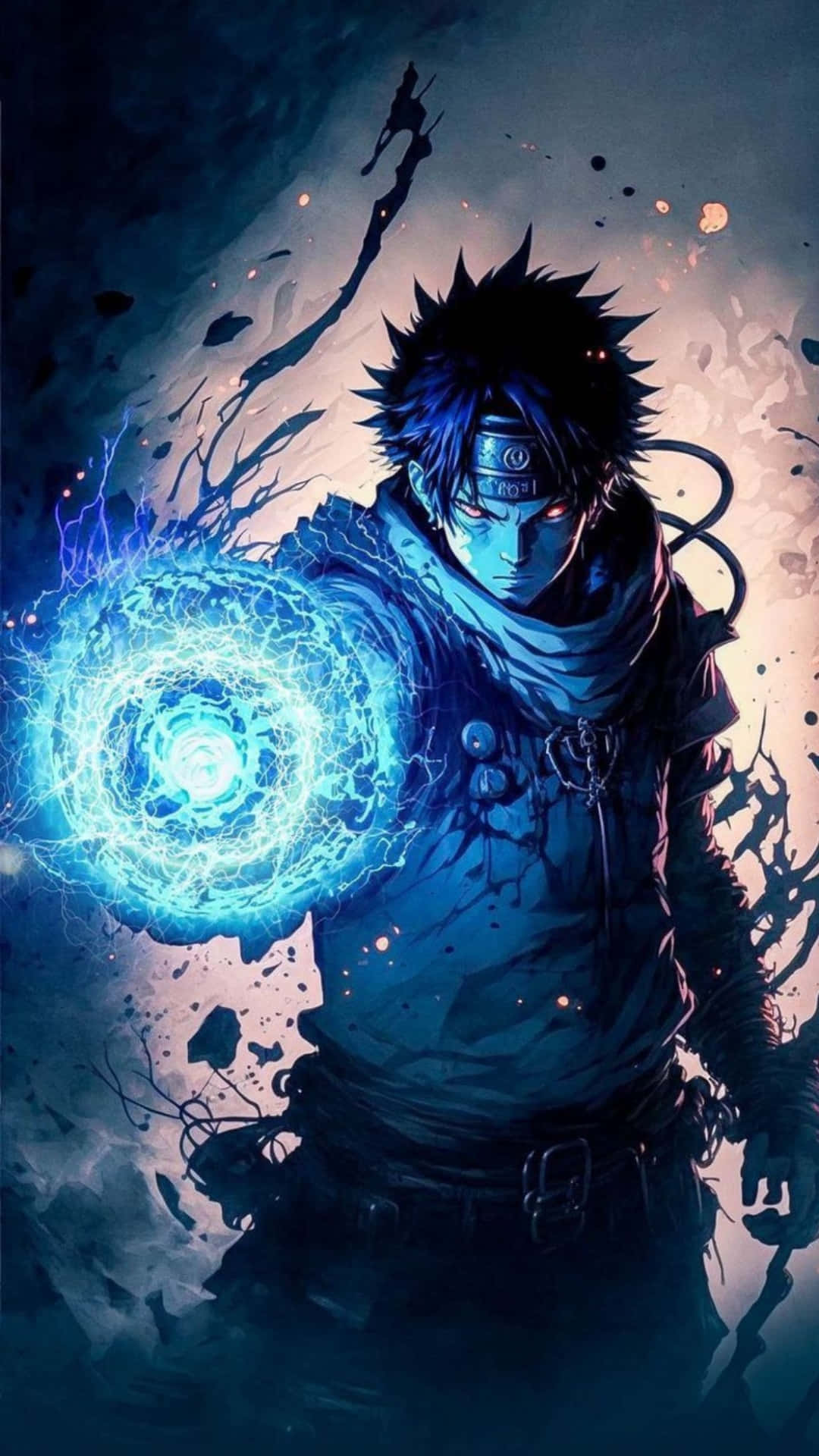  壁紙 — 一位刺蝟頭動漫戰士在黑暗風暴背景下，引導著一顆發著藍光的查克拉球體，周圍環繞著劈啪作響的電能。