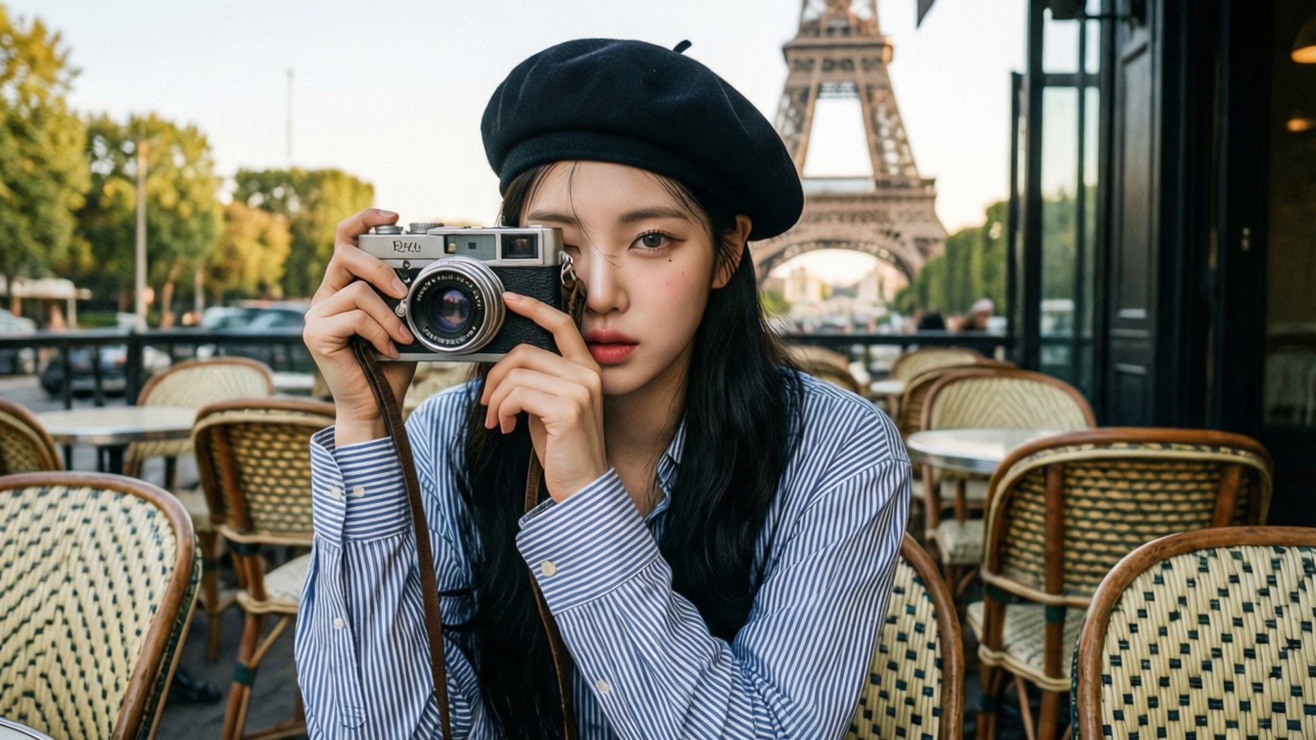 Parisian Chic Jisoo 壁紙 — 一位戴黑色貝雷帽的年輕女性坐在巴黎咖啡館，手持復古相機，身後是柔和金色光線中的艾菲爾鐵塔。