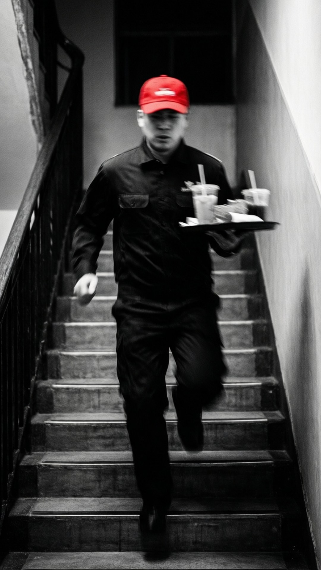 Food Delivery 桌布 壁紙 — 一位戴紅帽的服務生拿著一托盤飲料和食物，在昏暗的樓梯間匆忙跑下，照片為黑白並帶有動態模糊效果。