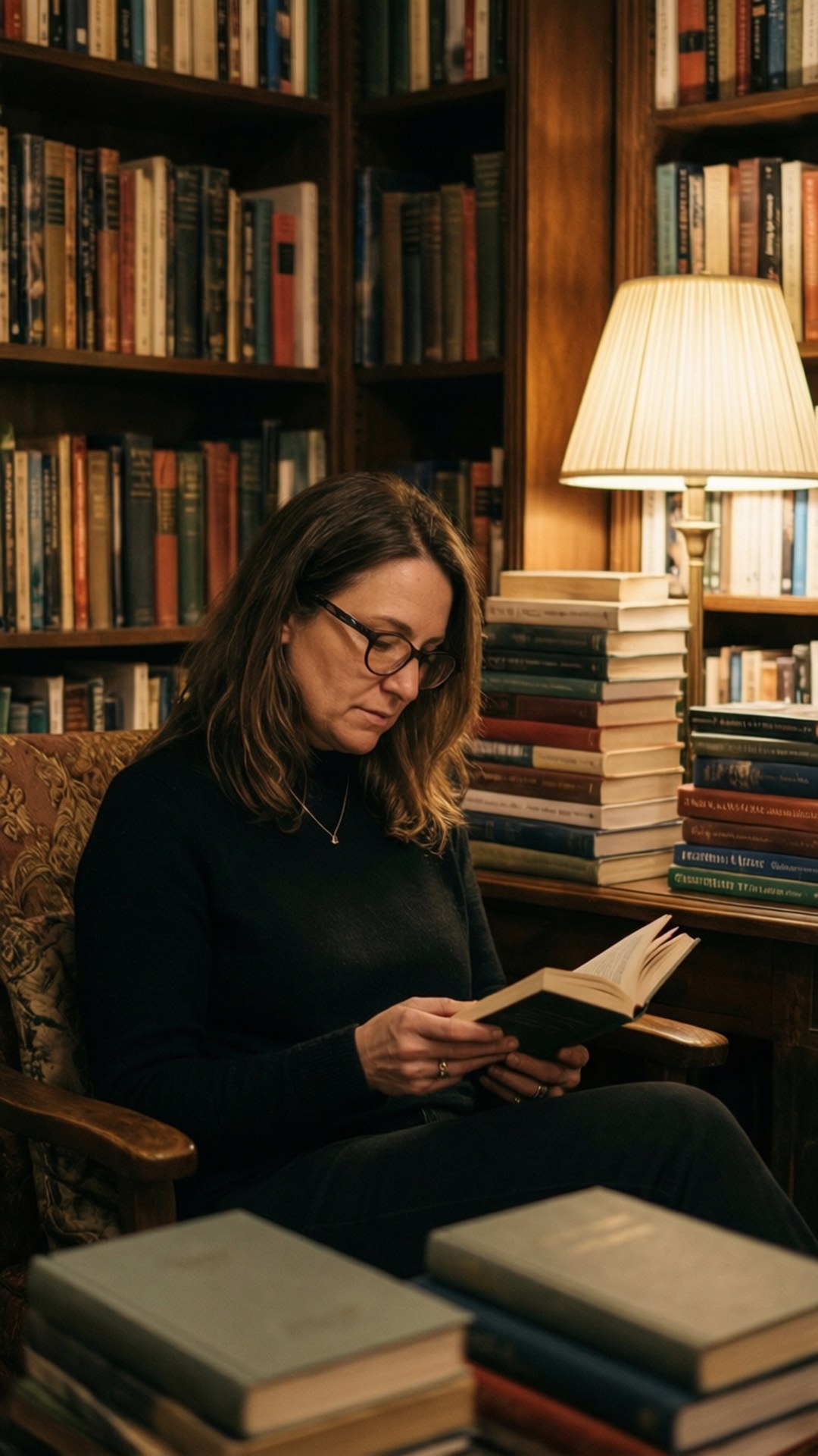 Bookish Marie 壁紙 — 一位戴眼鏡的女性坐在木椅上，被書架環繞，在溫暖的燈光下閱讀一本書。