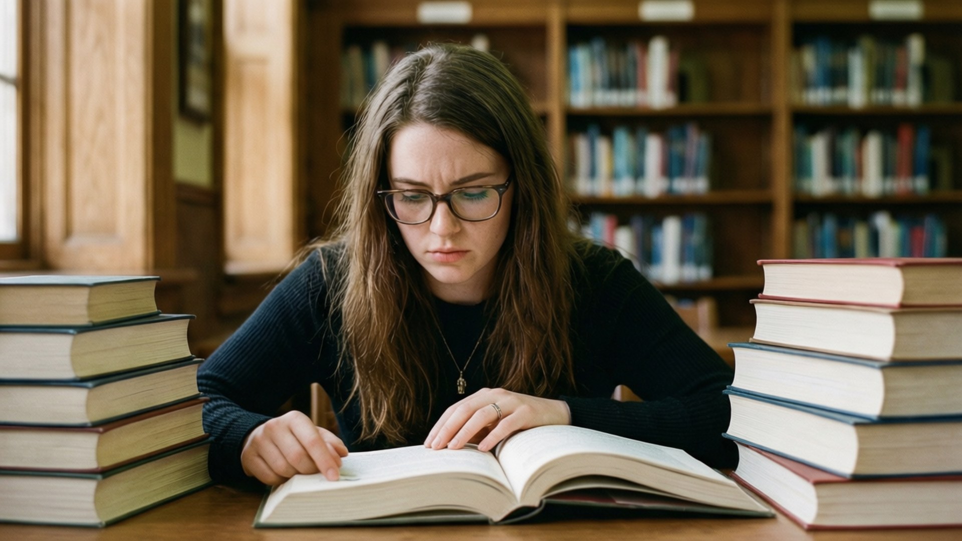 Taylor's Study Session 壁紙 — 一位戴眼鏡的專注年輕女子在木製圖書館中被高聳的書堆包圍，專心閱讀一本書。