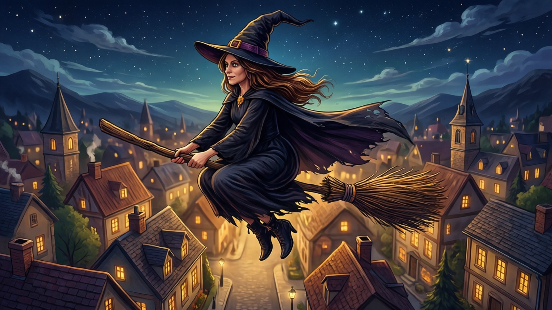 Witch Free 桌布 壁紙 — 一位戴著黑帽和披風的女巫在星空下騎著掃帚飛過一個舒適的村莊夜晚。