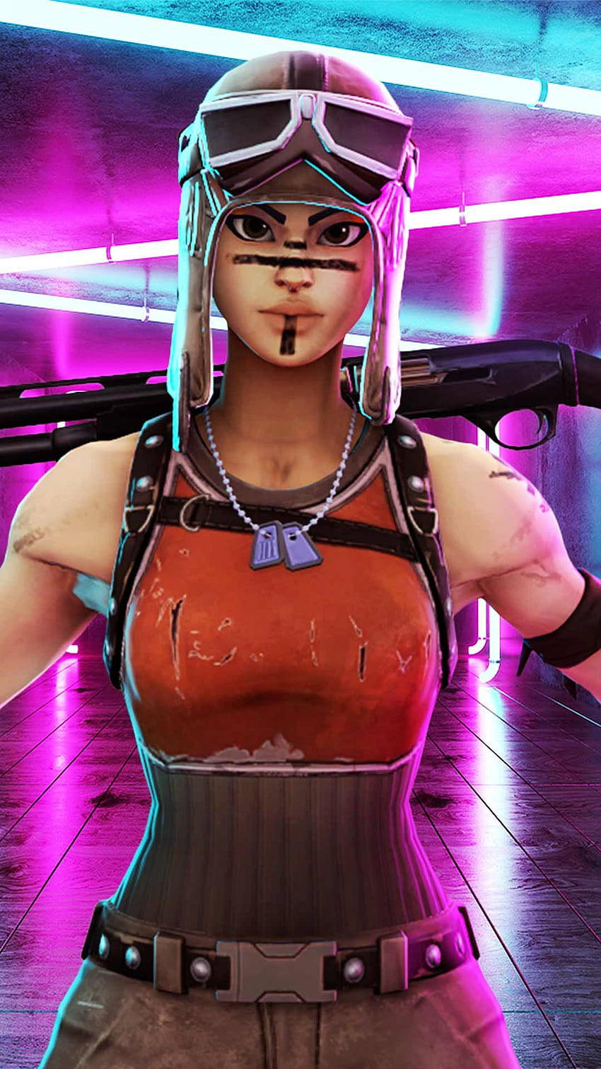 戴頭盔和護目鏡的賽博龐克女子在霓虹走廊手持霰彈槍。 — Fortnite 壁紙