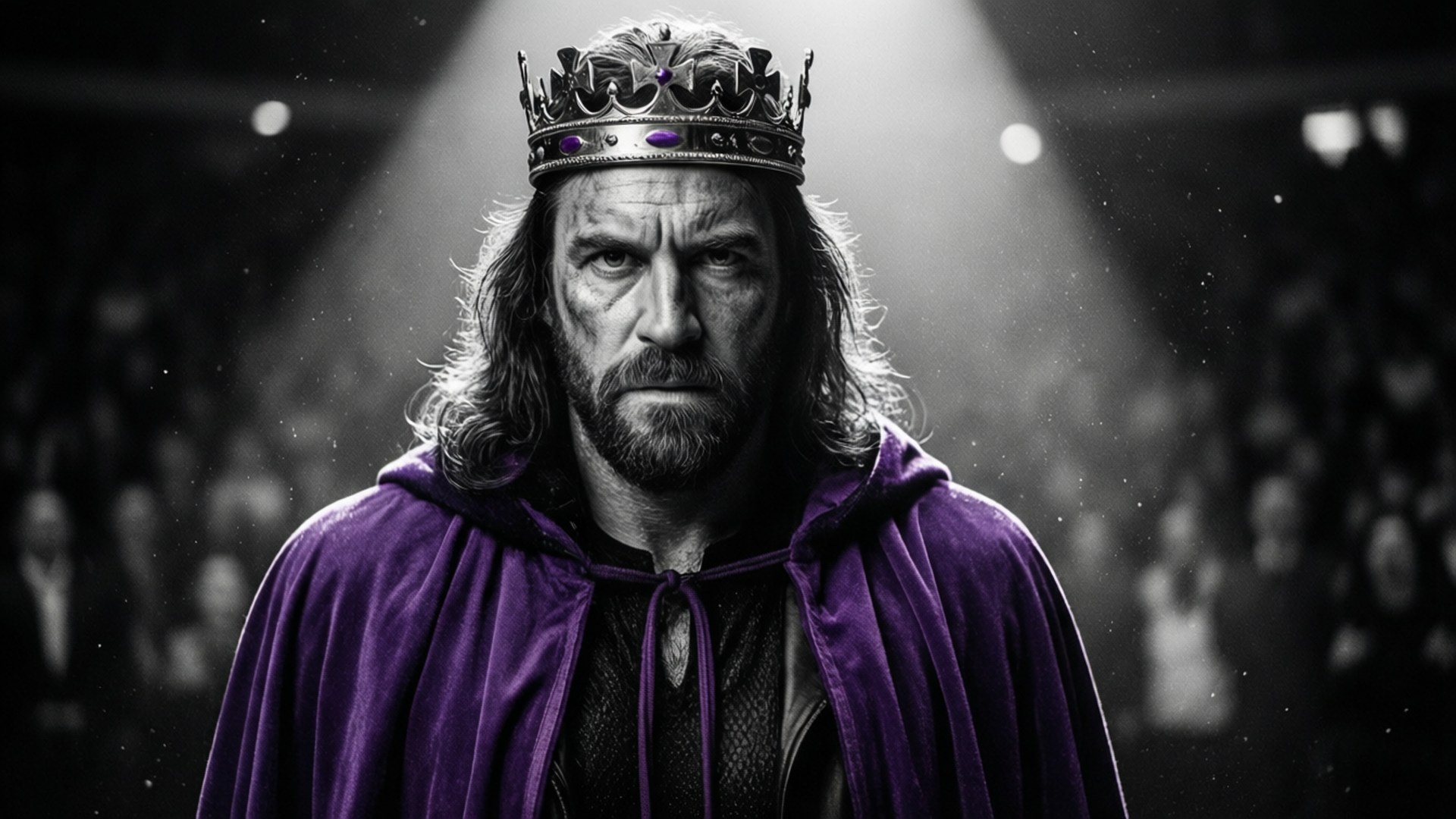 King of Wrestling 壁紙 — 一位戴著王冠、身穿紫色斗篷的國王，在戲劇性的舞台燈光下，身後是模糊的人群，目光銳利。