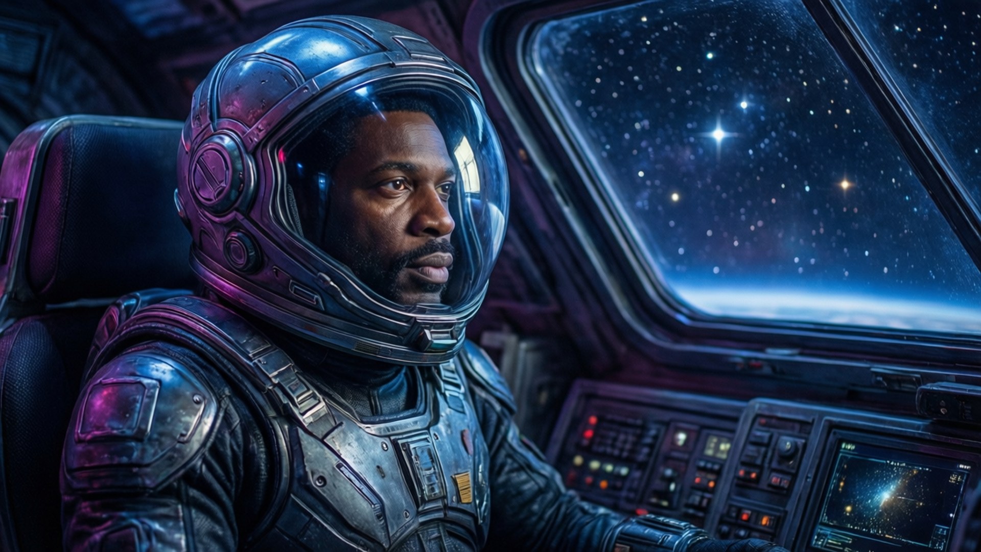 一位穿著太空衣的黑人太空人從太空船窗戶望向星星。