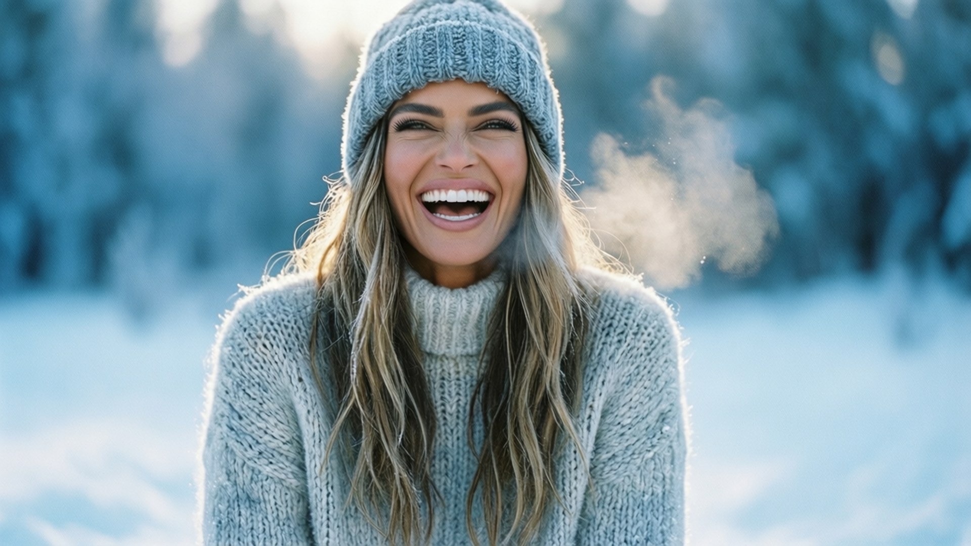 Behati Prinsloo 桌布 壁紙 — 一位戴著針織帽和毛衣的快樂女人在白雪皚皚的冬季森林中開懷大笑，呼吸中升起蒸汽。