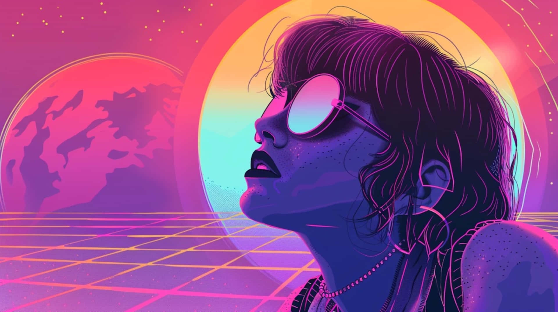  壁紙 — 一位戴著太陽眼鏡的時尚女性，在充滿活力的復古未來主義背景下仰望，背景有發光的網格和一顆行星。
