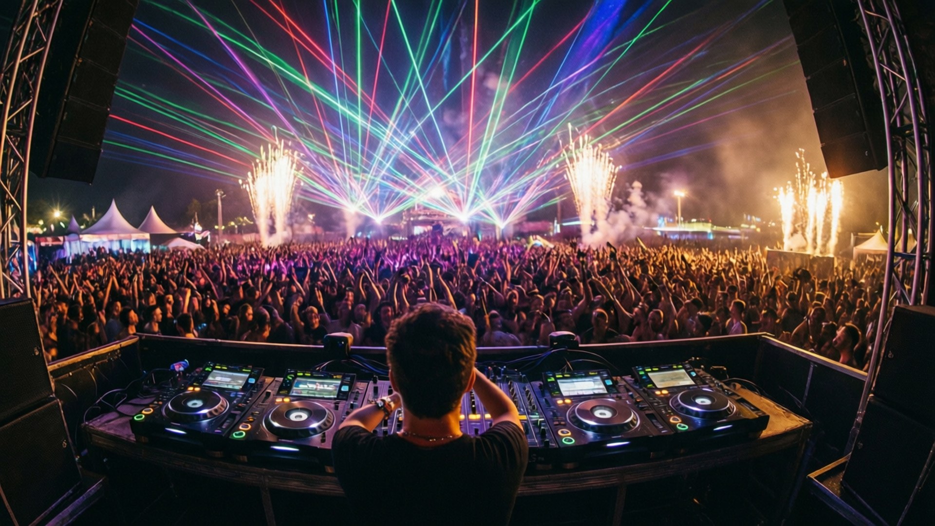 Festival DJ Booth 壁紙 — 一位DJ在夜晚俯瞰著喧鬧的人群，雷射和煙火在節日舞台上空爆炸。