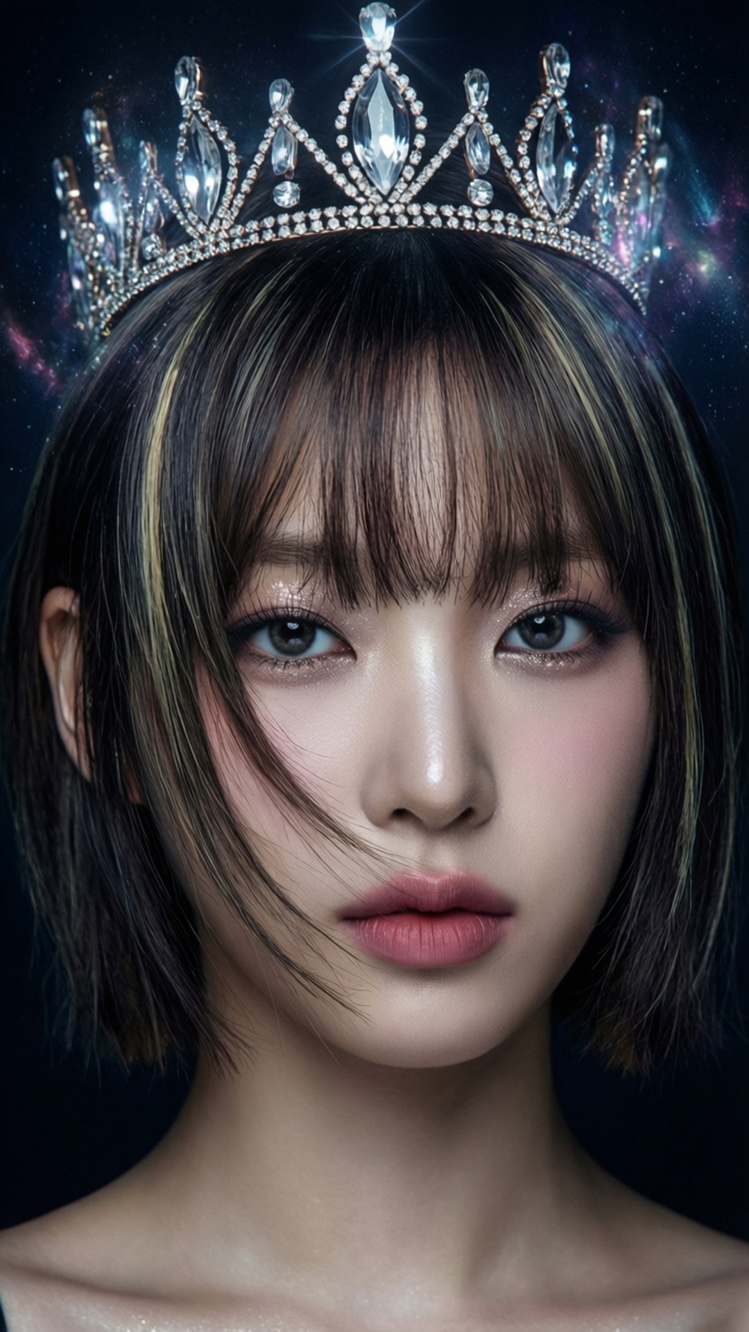 YooA Crystal Crown 壁紙 — 一位短黑髮帶金色條紋的年輕女性，在宇宙星空背景下戴著閃閃發光的鑽石頭飾。