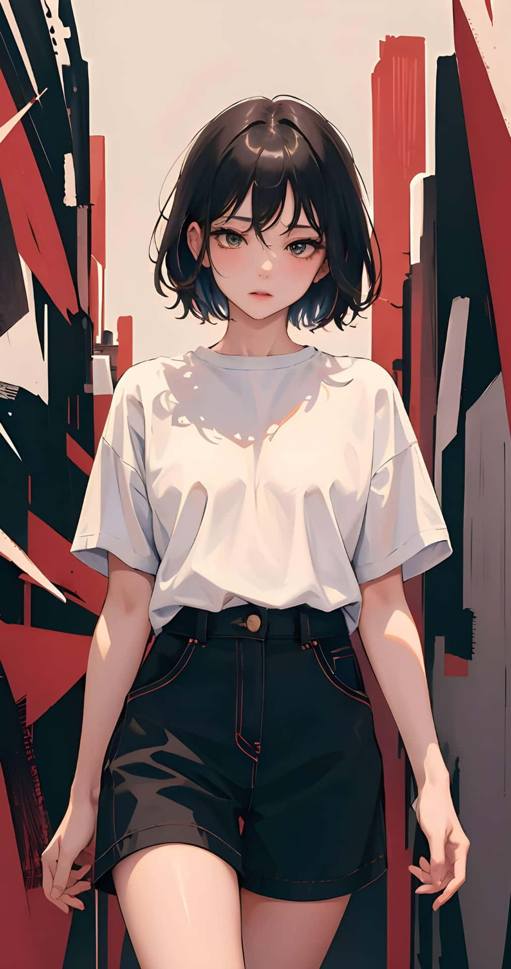  壁紙 — 一位短黑髮的年輕動漫女孩站在一條風格化的城市小巷中，周圍是醒目的紅色和黑色幾何建築。