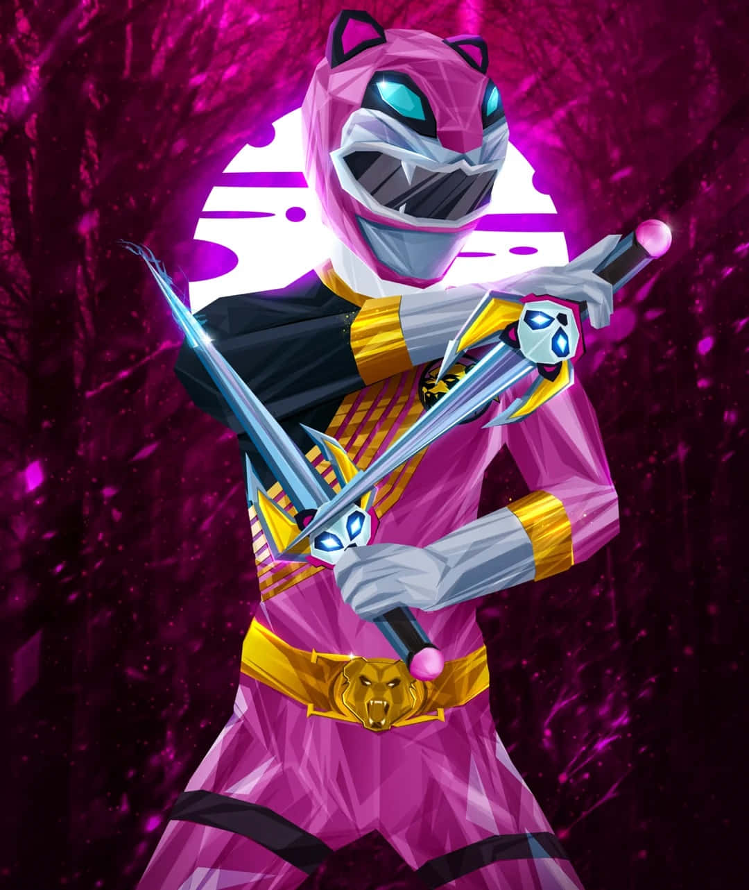  壁紙 — 一位粉紅色的Power Ranger，有貓耳朵，在充滿活力的紫色宇宙背景前揮舞雙劍。