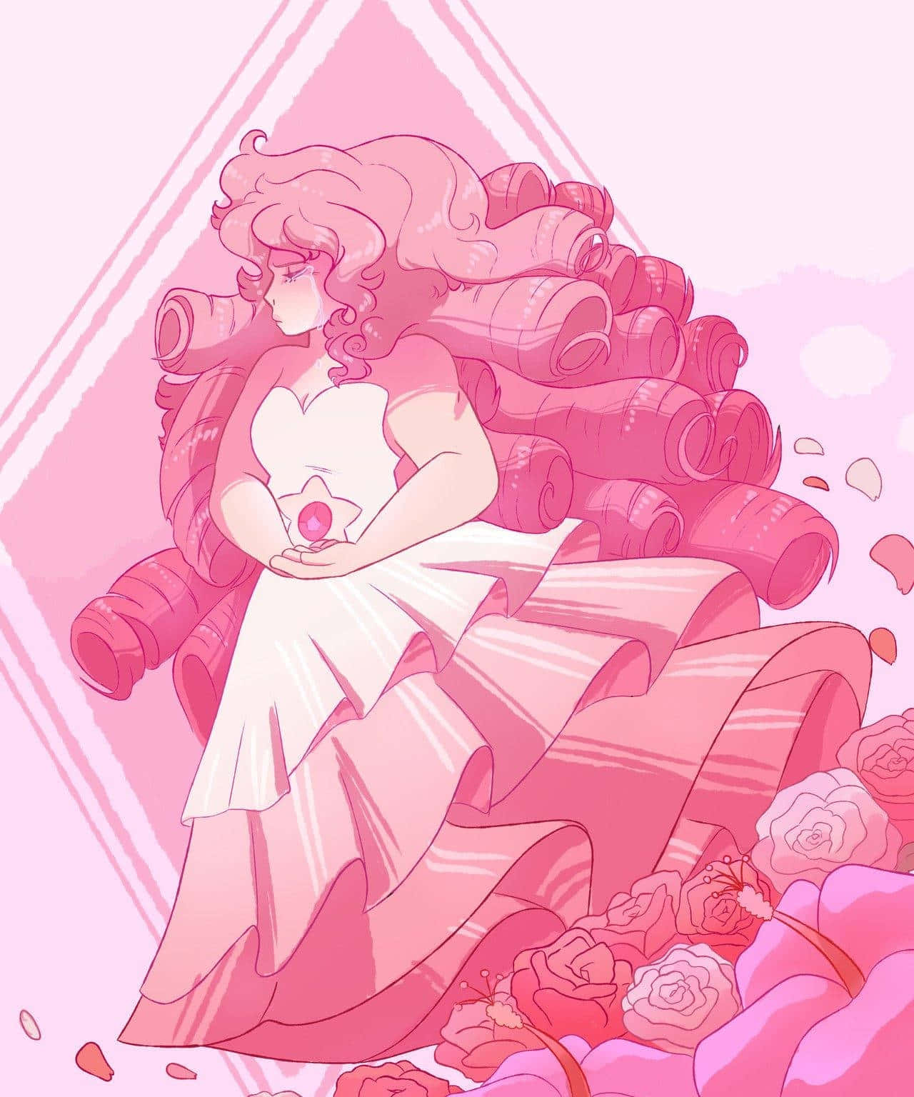  壁紙 — 一位粉紅色頭髮的動漫女孩穿著白色連衣裙，優雅地坐著，手持一顆被玫瑰和粉紅色桶包圍的寶石。