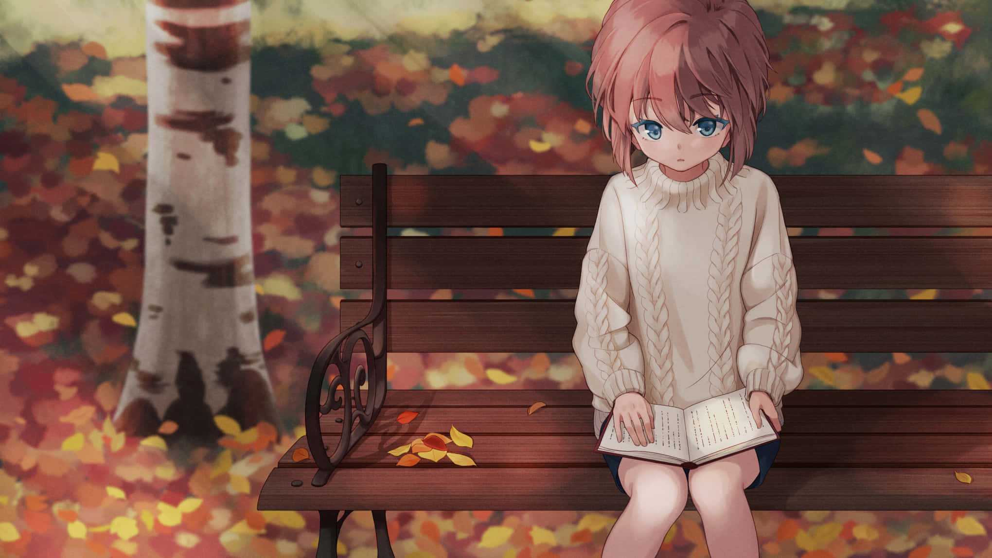 Haibara AI 桌布 壁紙 — 一位粉紅色頭髮的動漫女孩穿著奶油色毛衣，坐在木長椅上，被飄落的秋葉包圍，正在看書。