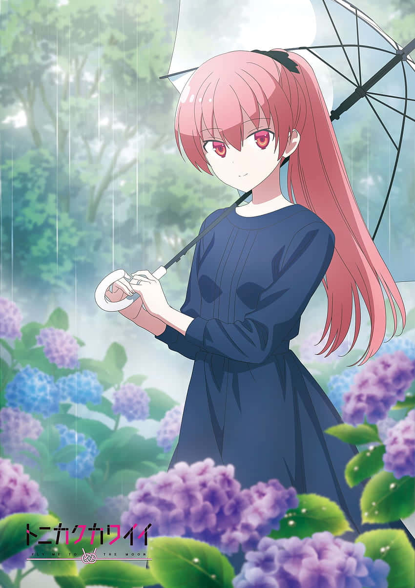 壁紙 — 一位粉紅色頭髮、紅色眼睛的動漫女孩在紫色繡球花和雨濕的綠葉中撐著白色雨傘。