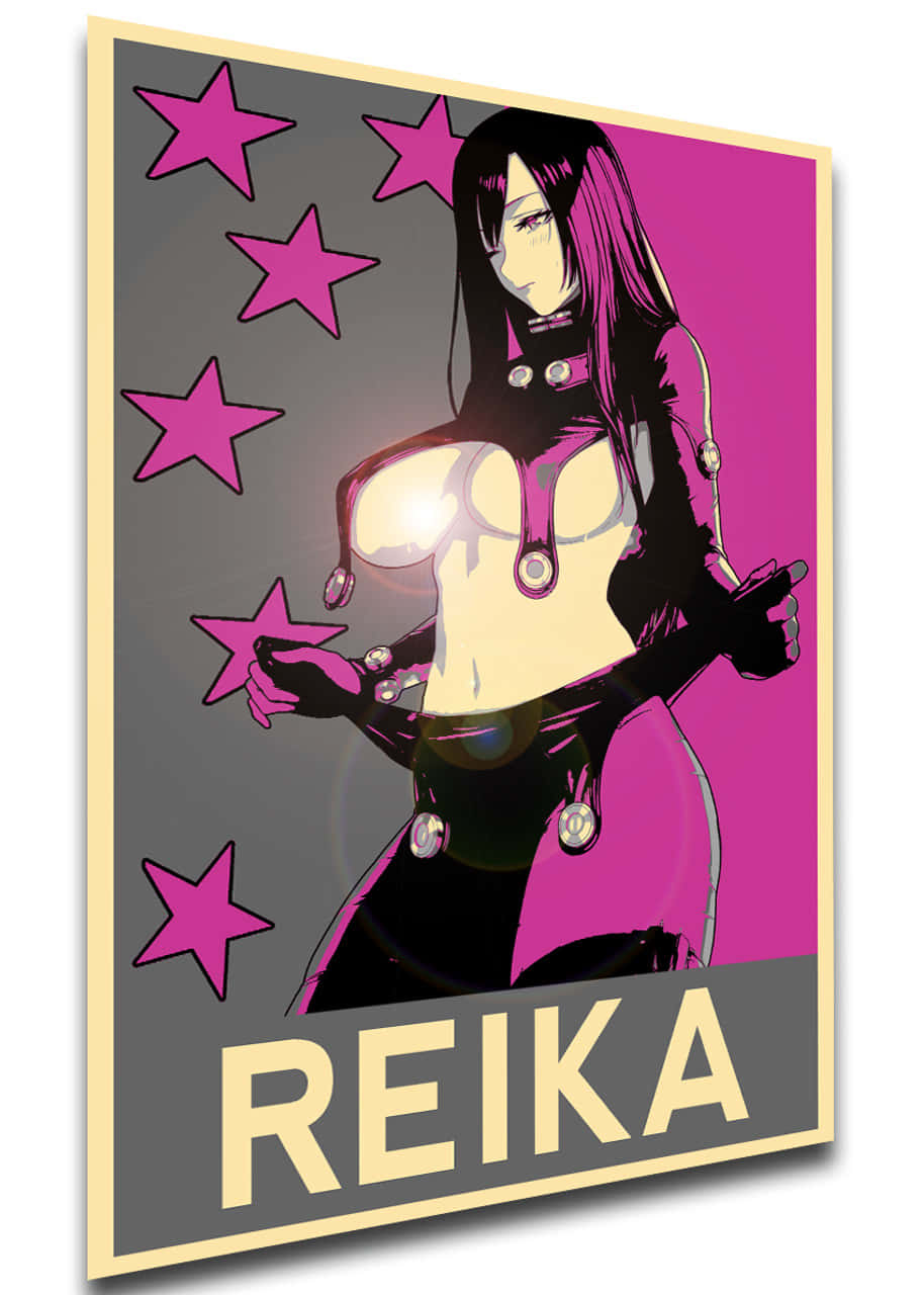 Reika Shimohira 桌布 壁紙 — 一位風格化的動漫女性，長長的黑髮和粉紅色服裝，站在帶有星星和下方名字 Reika 的粉紅色和灰色背景前。