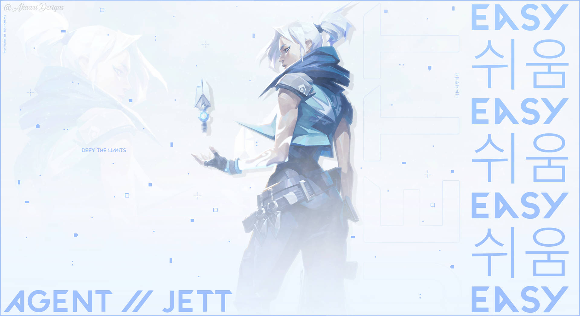 來自《Valorant》的動漫角色Jett，身處帶有韓文字的未來數位場景。 — Valorant 4K 壁紙 壁紙