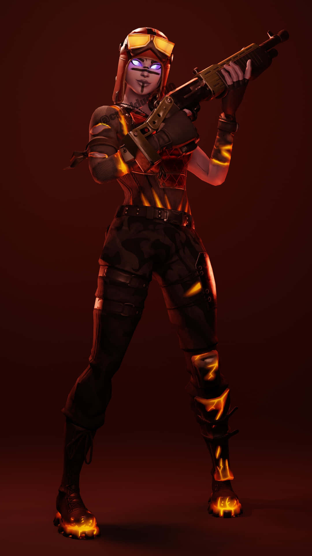 一位火橙色裝甲士兵在黑暗的攝影棚中手持步槍。 — Fortnite 壁紙