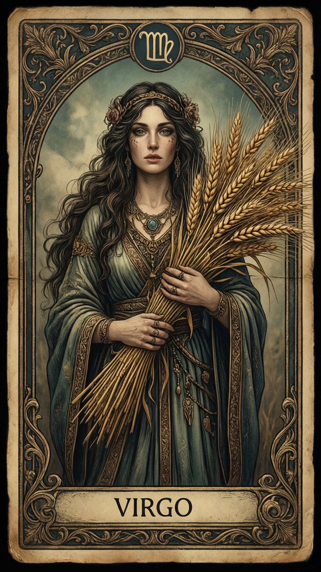 Virgo Tarot Card 壁紙 — 一位高貴的長黑髮女性在華麗的復古占星卡中手持金色麥穗，卡片標示為處女座。