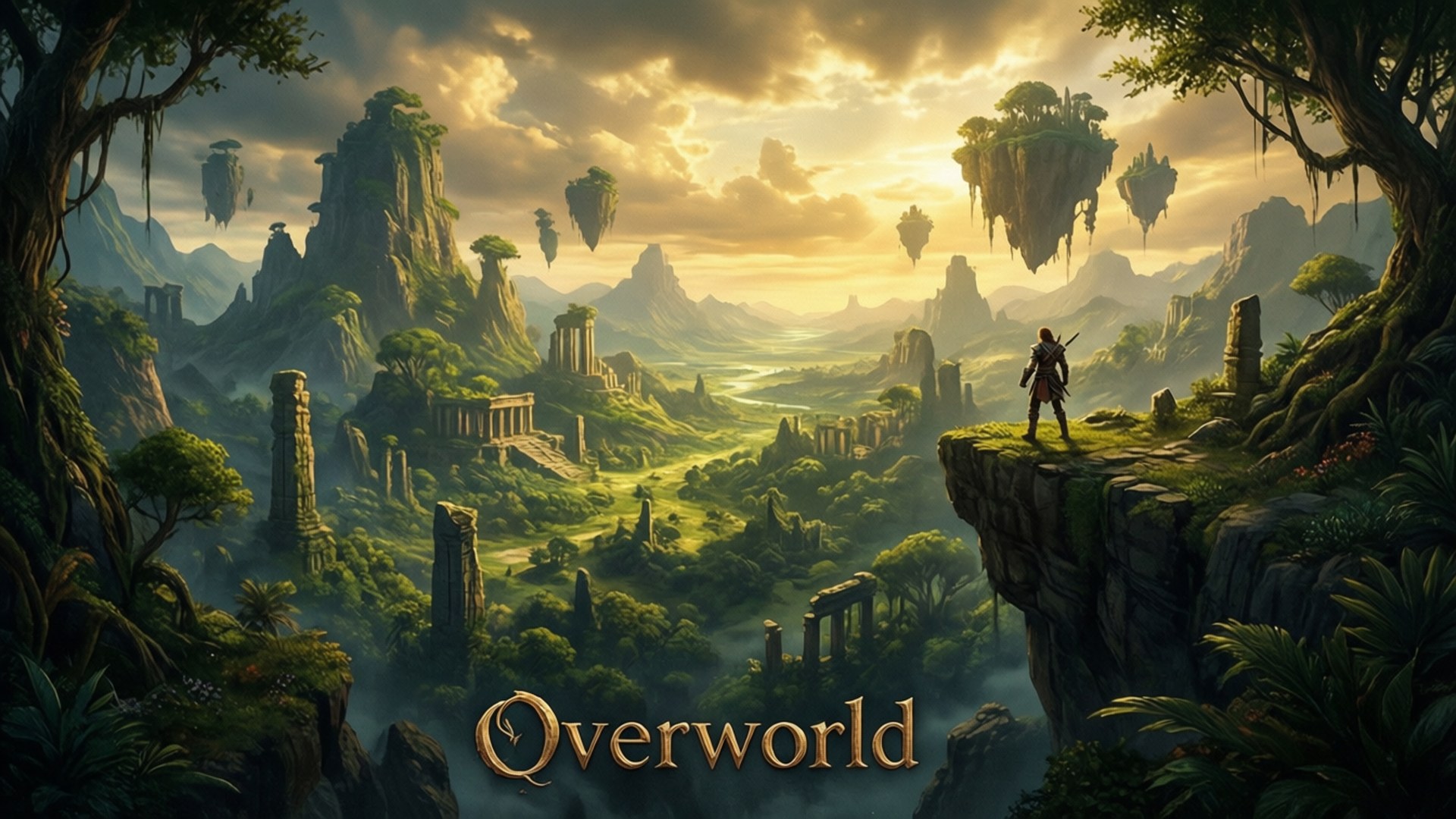 Overworld 桌布 壁紙 — 一位孤獨的冒險家站在懸崖上，俯瞰著一個鬱鬱蔥蔥的山谷，其中有浮島和沐浴在金色日落光芒中的古老遺跡。