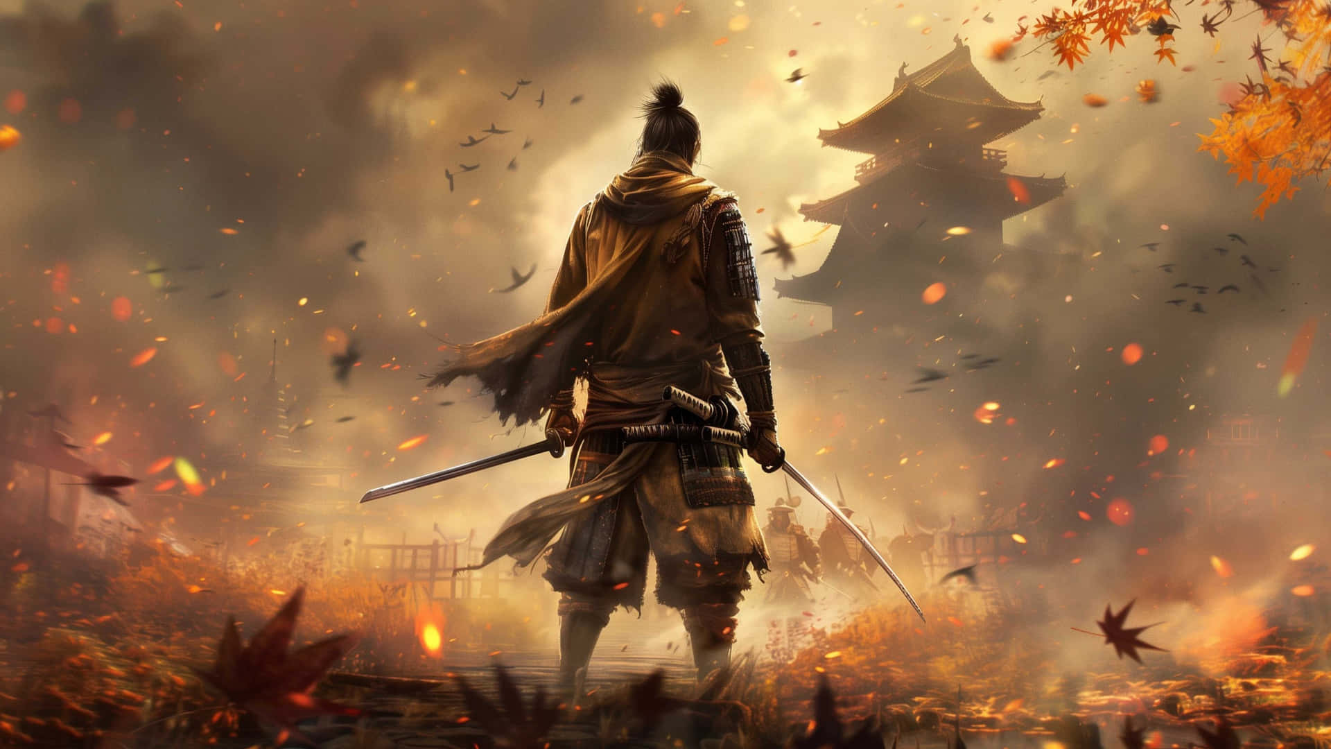  壁紙 — 一位孤獨的武士戰士背對著熾熱的夕陽站立，手持兩把刀，秋葉在遠處的寶塔周圍旋轉。