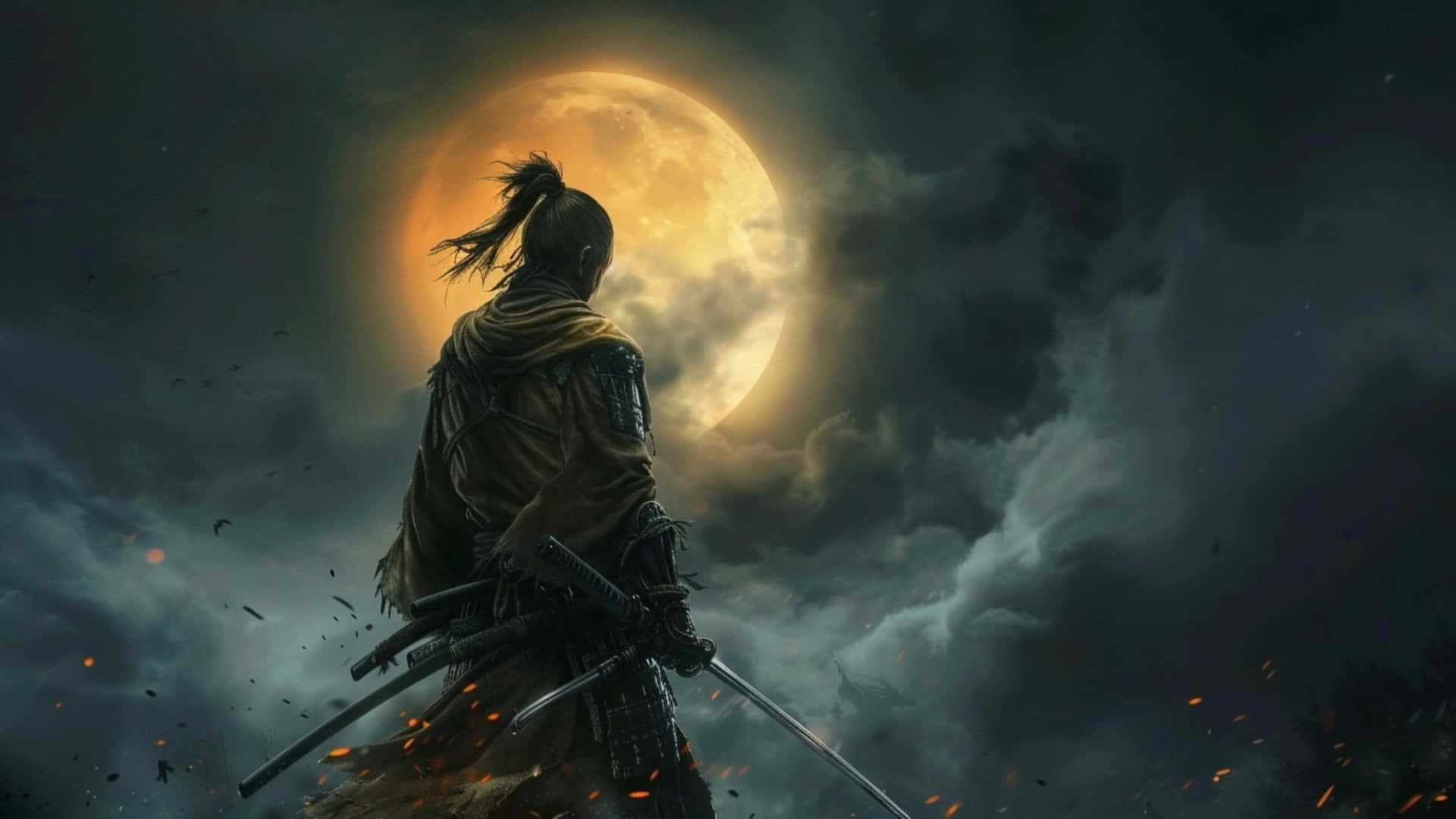  壁紙 — 一位孤獨的武士戰士在暴風雨的夜空中，以巨大的發光月亮為背景，剪影站立，火花在他周圍飛舞。