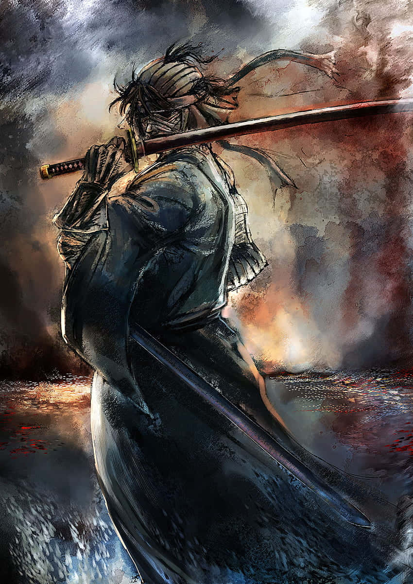  壁紙 — 一位孤獨的武士戰士站在暴風雨中，肩上扛著一把武士刀，背景是火紅的天空。