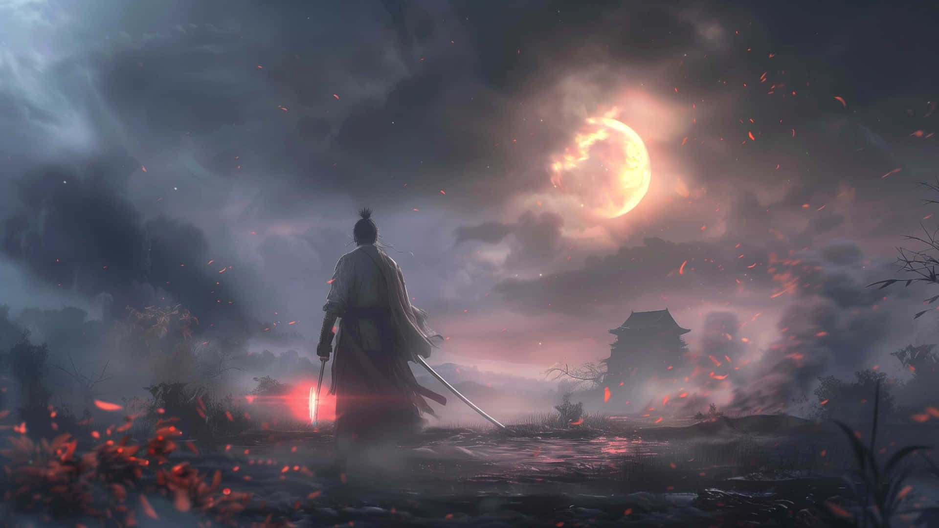  壁紙 — 一位孤獨的武士戰士站在迷霧黃昏中，手持發光的劍，在熾熱的月亮下，空氣中飄浮著餘燼。