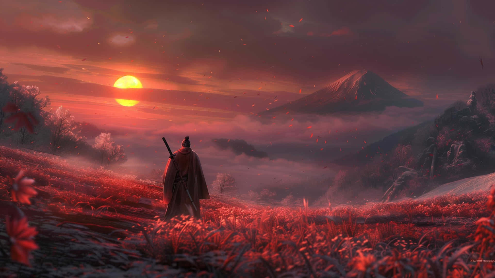  壁紙 — 一位孤獨的武士站在夕陽下的紅花田中，面對著霧氣籠罩的山脈，天空如火般燃燒。