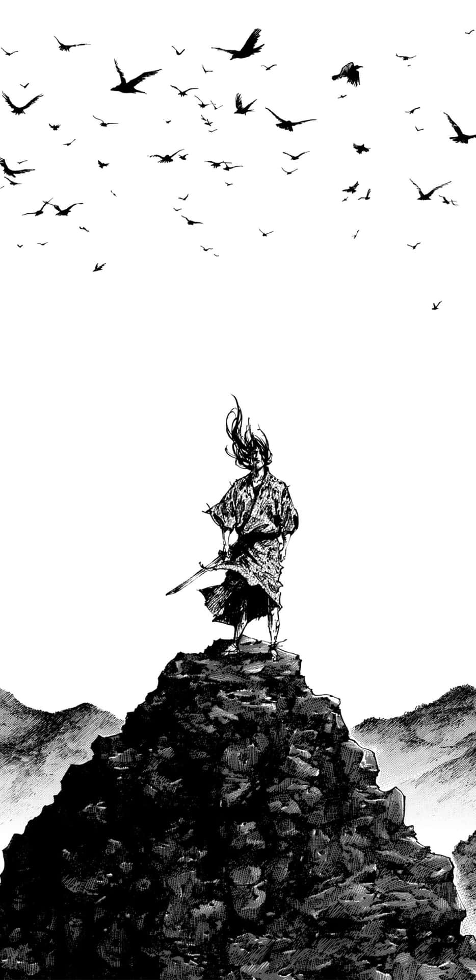  壁紙 — 一位孤獨的戰士站在崎嶇的山峰上，一群鳥在純白的天空中翱翔。