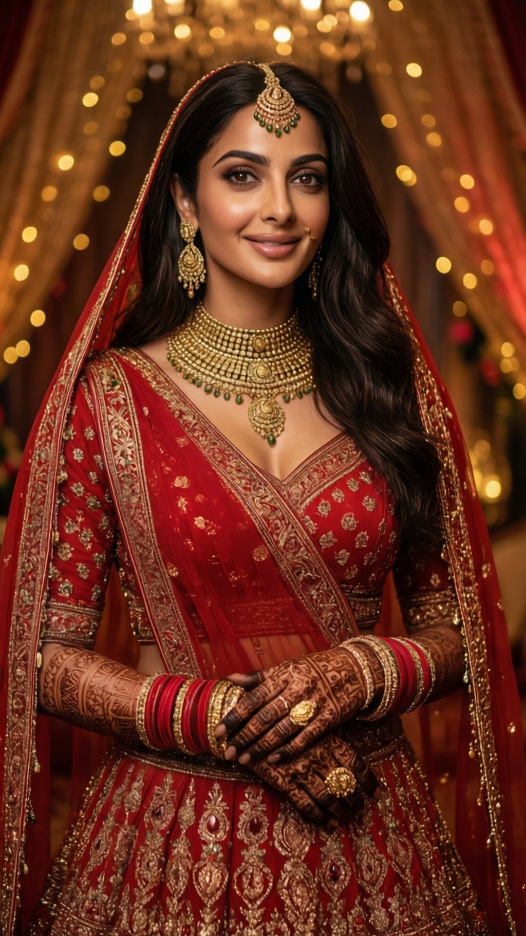 Bridal Elegance 壁紙 — 一位光彩奪目的新娘，身穿華麗的紅色刺繡 lehenga，佩戴金色珠寶，雙手繪有 henna，在閃爍的散景背景下溫柔微笑。