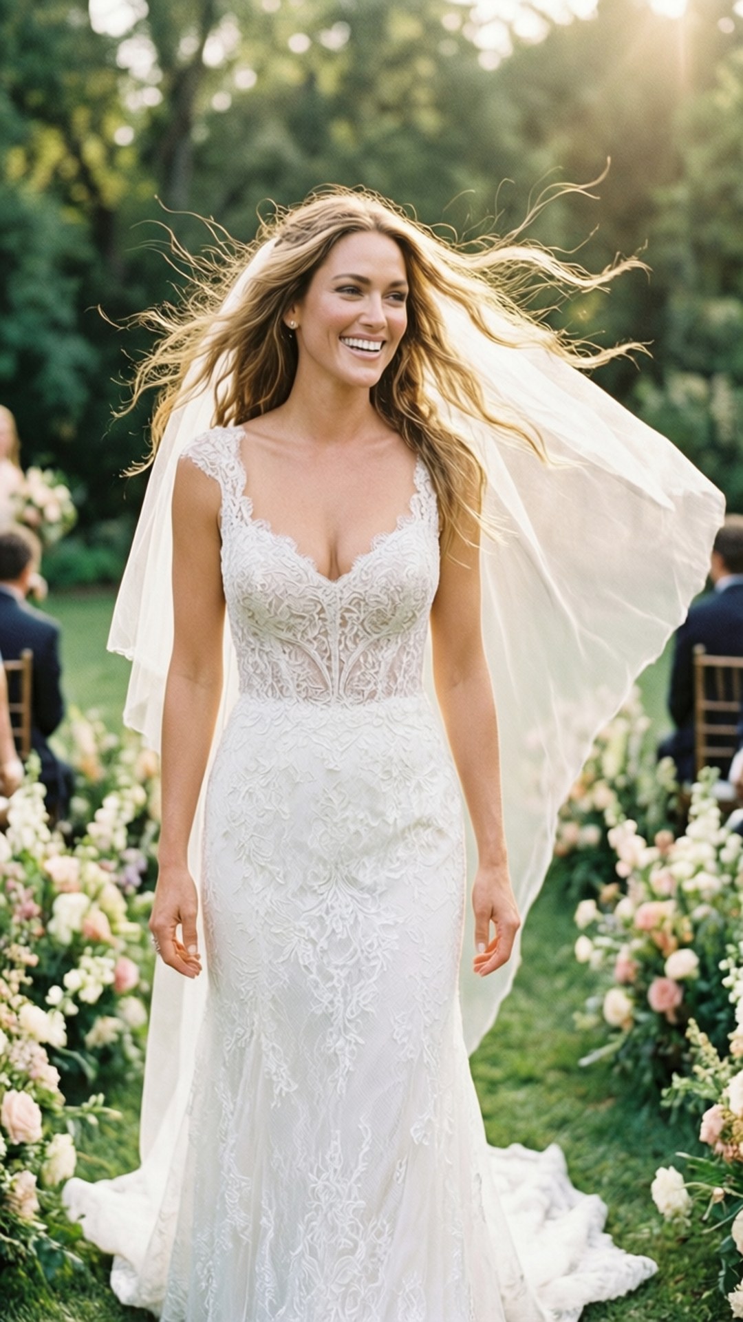 Bridal Garden Dream 壁紙 — 一位光彩照人的新娘穿著精緻的白色蕾絲禮服，頭紗隨風飄揚，走過花園小徑。