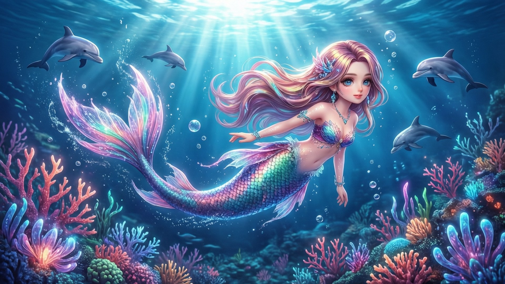 Mermaid Dolphin Swim 壁紙 — 一位光芒四射的美人魚，擁有流動的彩虹頭髮和閃閃發光的尾巴，在陽光普照的海洋中滑行，周圍環繞著海豚和充滿活力的珊瑚礁。