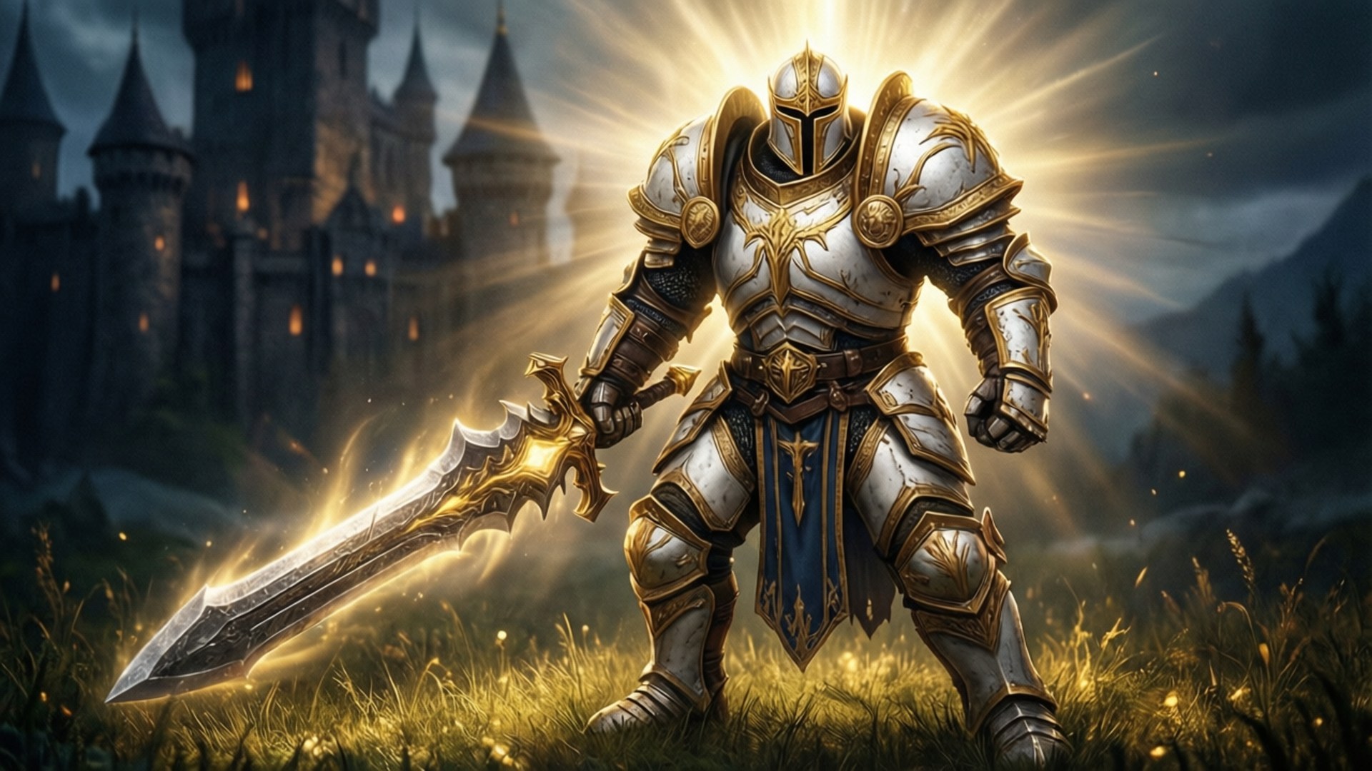Light of the Ashbringer 壁紙 — 一位光芒四射的騎士穿著華麗的銀色和金色盔甲，英勇地站在草地上，手持發光的劍，背後有一座發光的城堡。