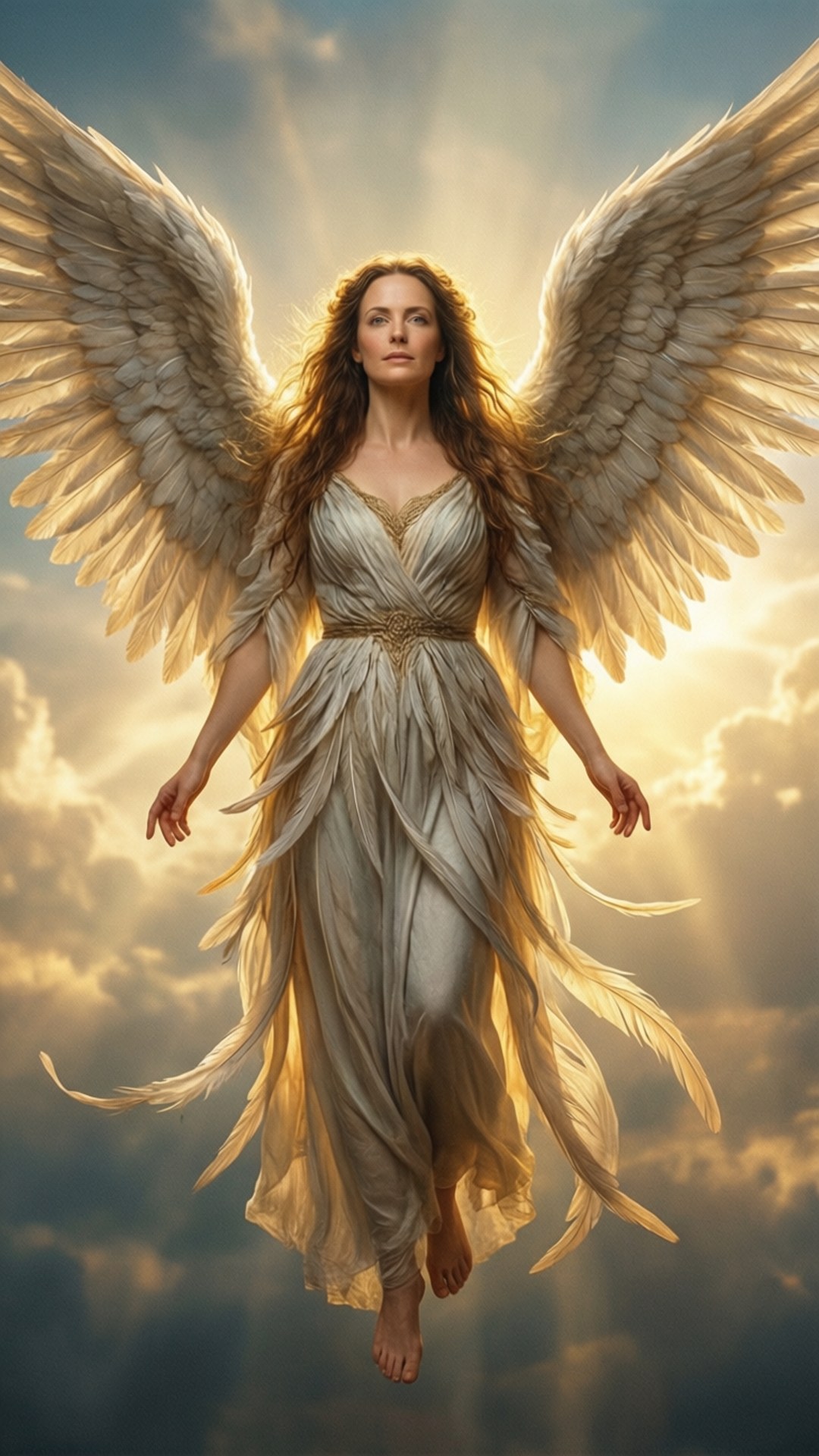 Angel Eve 壁紙 — 一位光芒四射的天使，擁有寬廣的羽毛翅膀，在金色的日落天空中寧靜地漂浮。