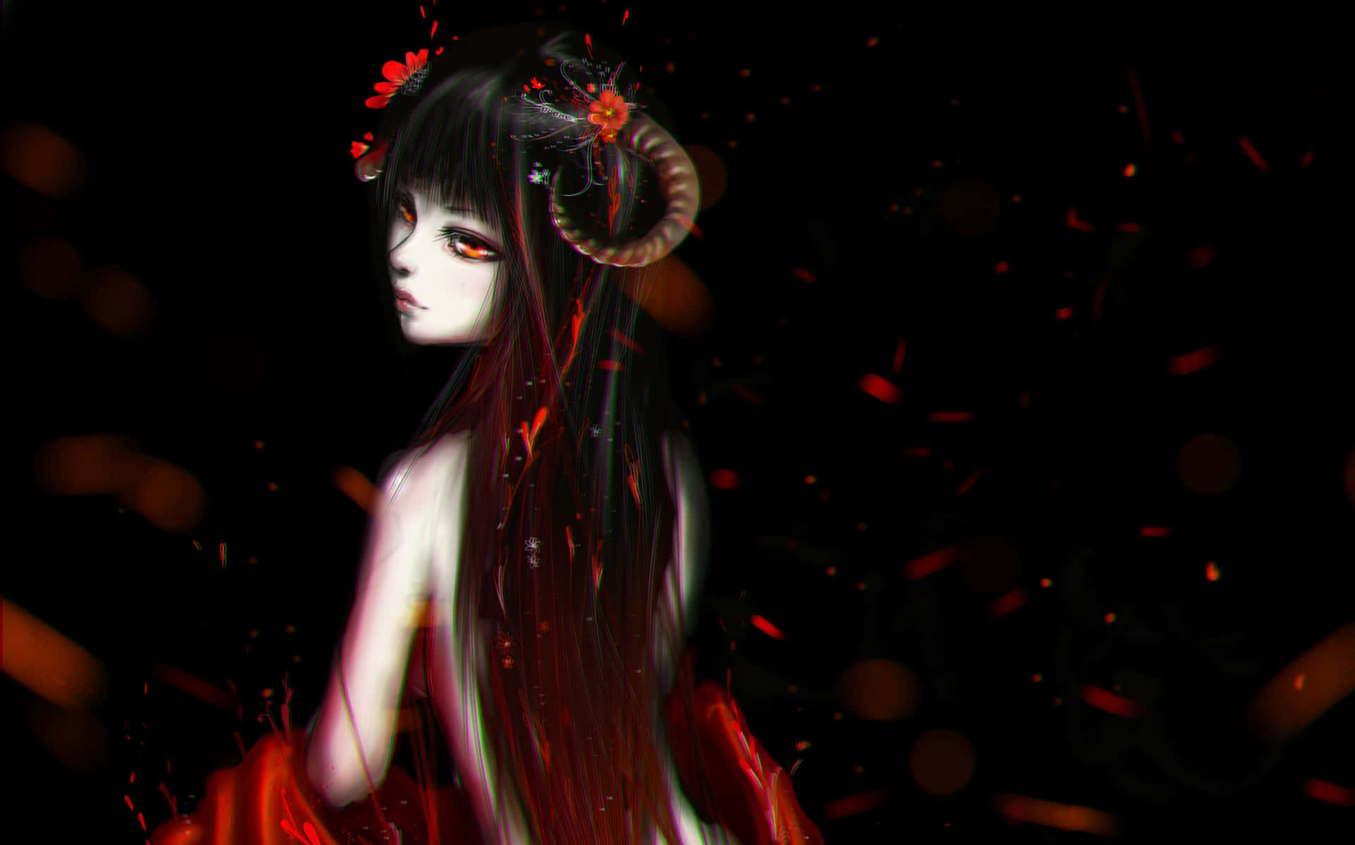  壁紙 — 一位黑髮動漫女孩，擁有發光的紅色眼睛和花朵角，站在黑色背景前，周圍漂浮著紅色餘燼。