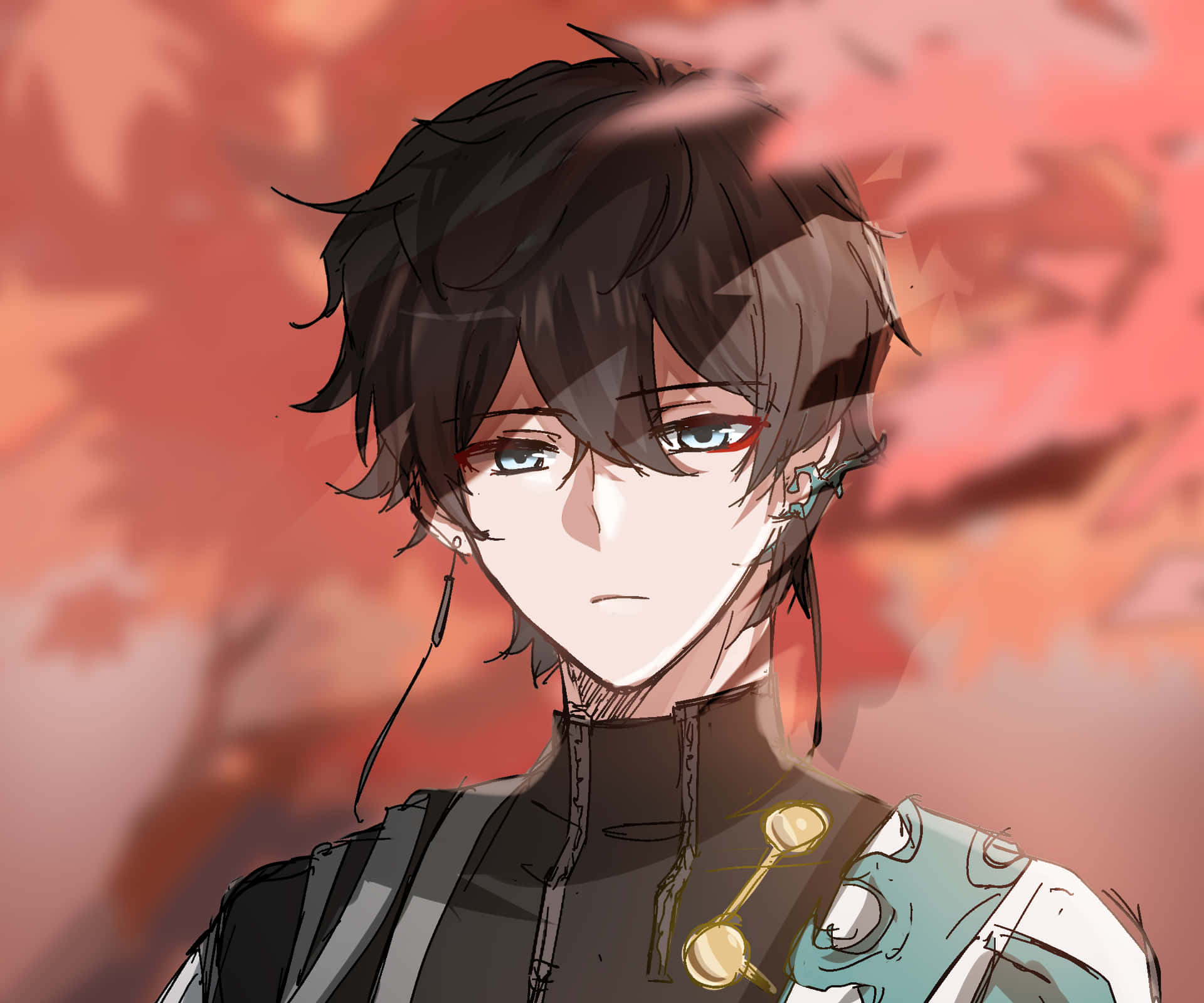  壁紙 — 一位黑髮藍眼的年輕動漫男性站在模糊的熾紅秋葉背景前。