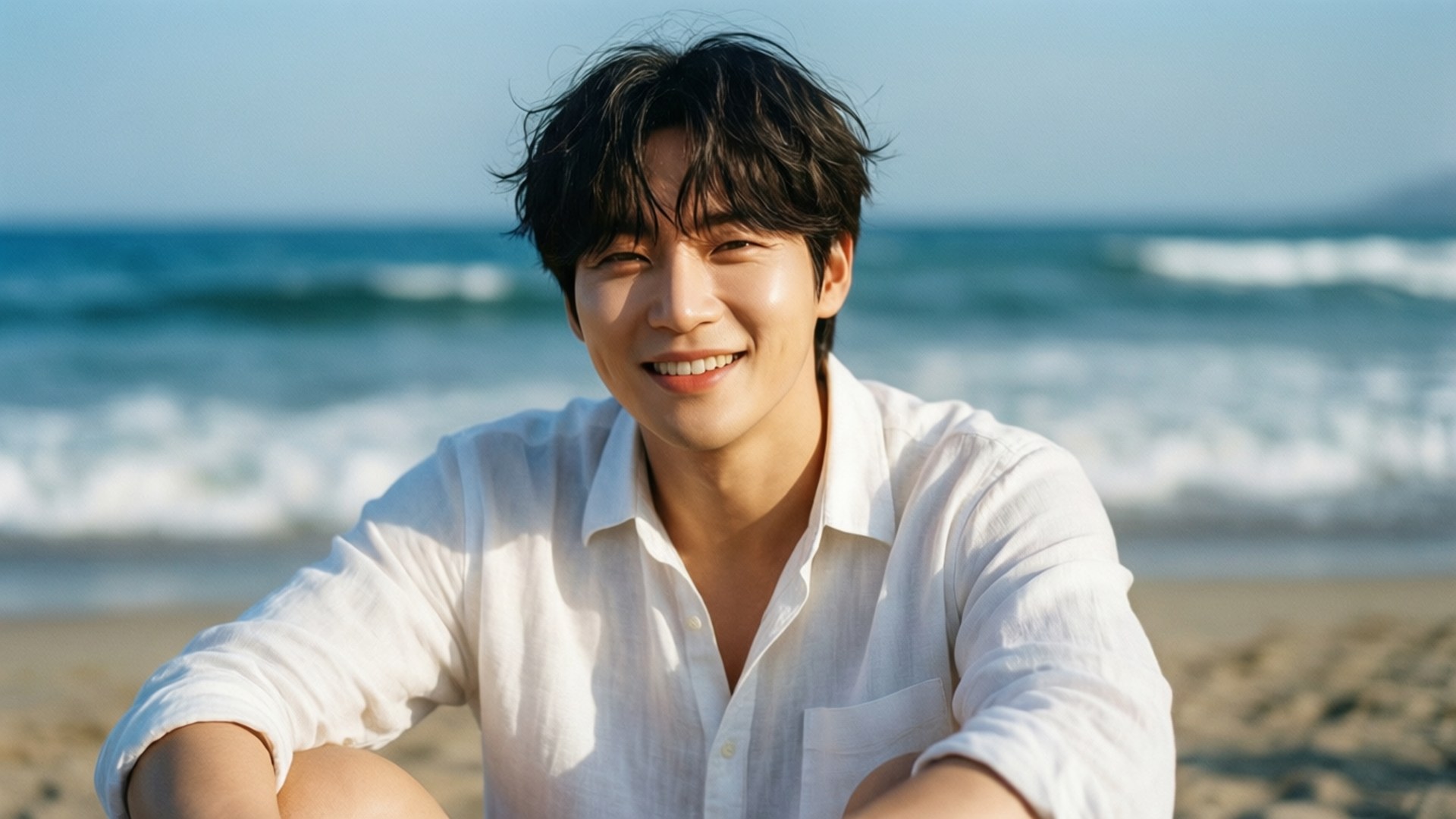 Beachside Serenity 壁紙 — 一位黑髮年輕男子坐在陽光普照的海灘上，背後有海浪，露出溫暖的笑容。