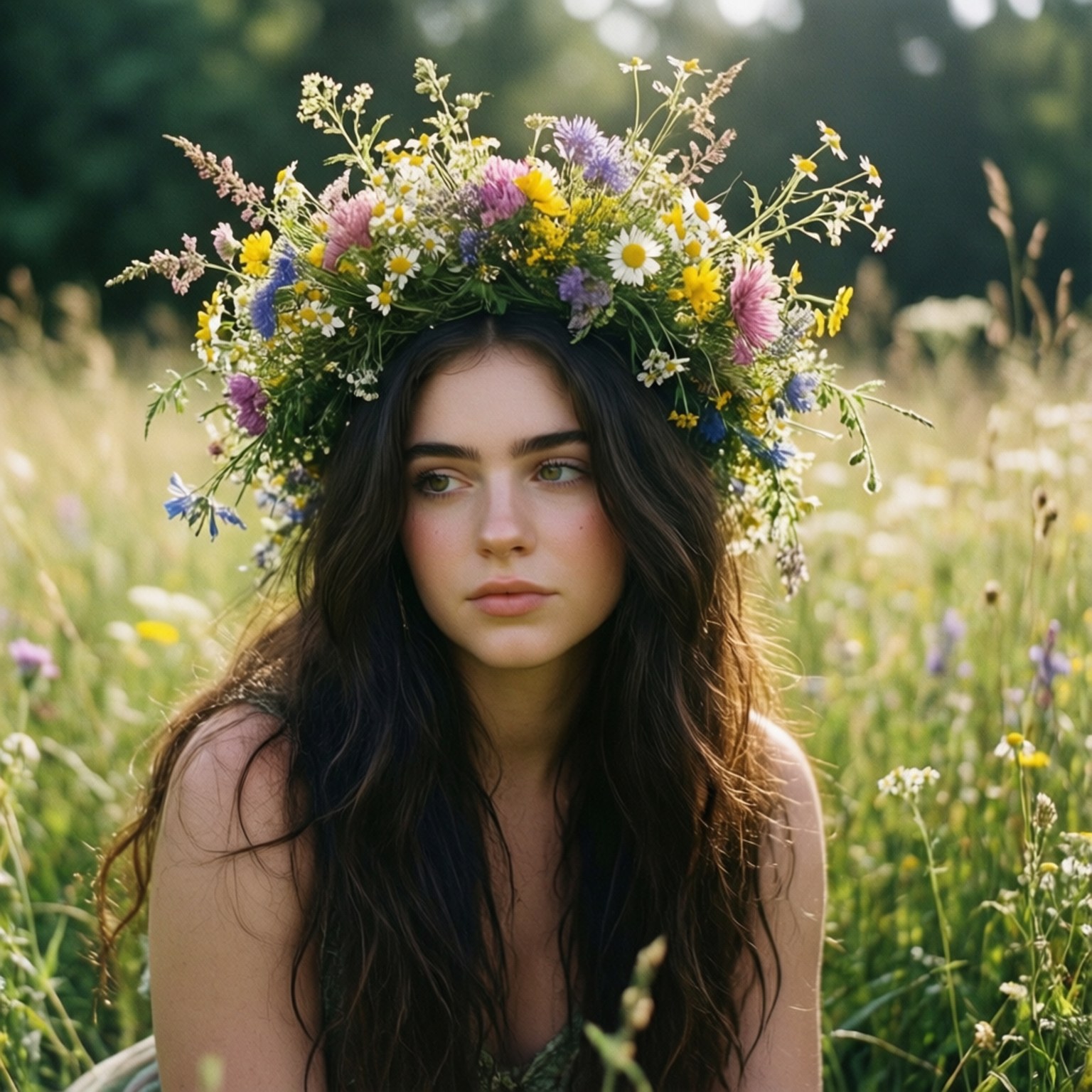 Flower Crown Meadow 壁紙 — 一位黑髮年輕女性在陽光明媚的野花草甸中戴著鮮豔的花冠。