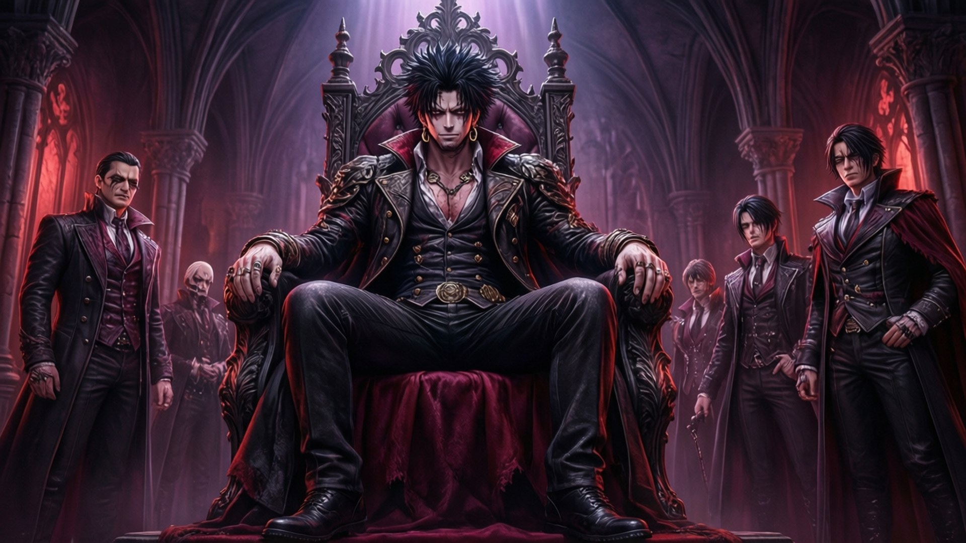 Chrollo 桌布 壁紙 — 一位黑髮吸血鬼領主威嚴地坐在哥德式王座上，被他的精英吸血鬼宮廷包圍，身處一個沐浴在深紅光芒中的大教堂式大廳。