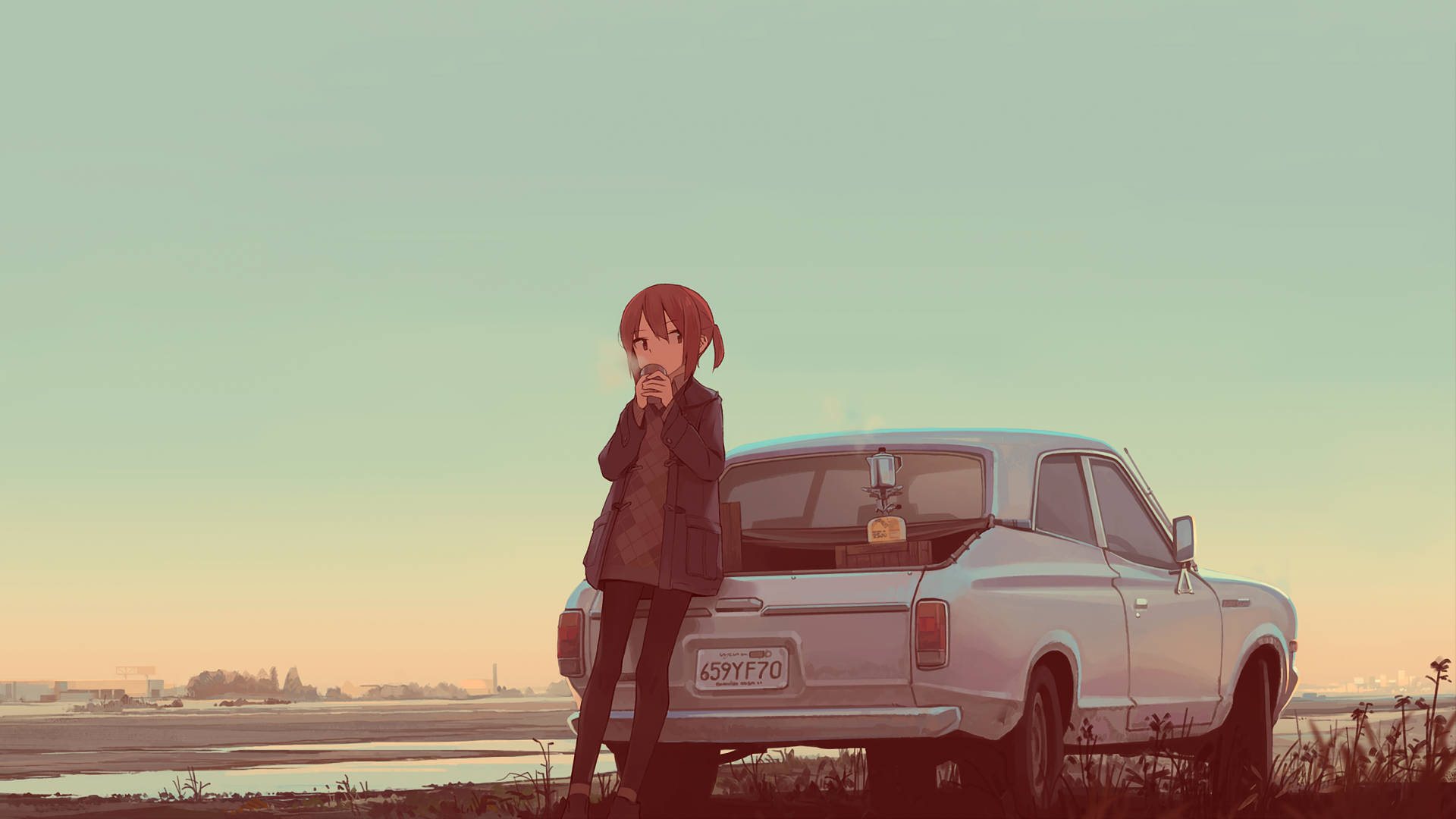 動漫女孩站在復古汽車旁日落 — 動漫汽車 壁紙