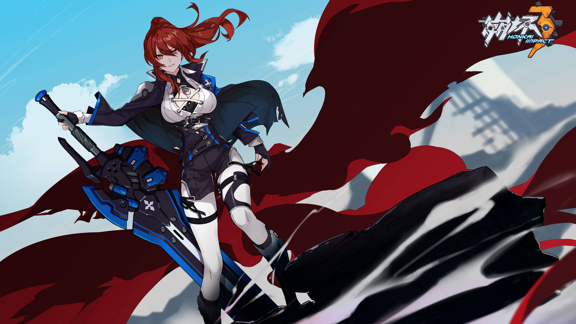 紅髮動漫女戰士手持大劍，動作中。 — 崩壞：星穹鐵道 壁紙