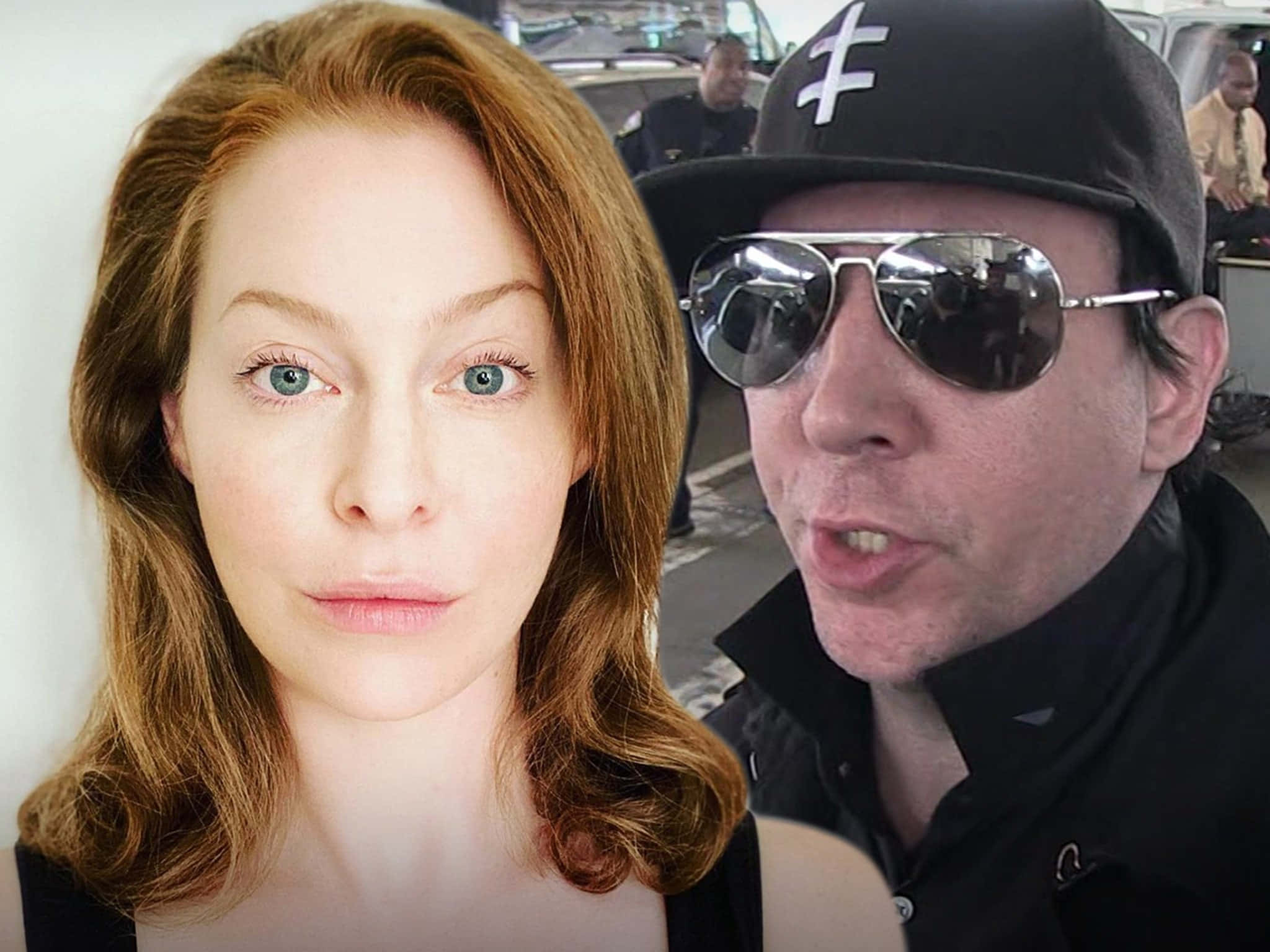Esmé Bianco 桌布 壁紙 — 一位紅髮藍眼女性與一位戴黑色帽子和太陽眼鏡男性的分割肖像。