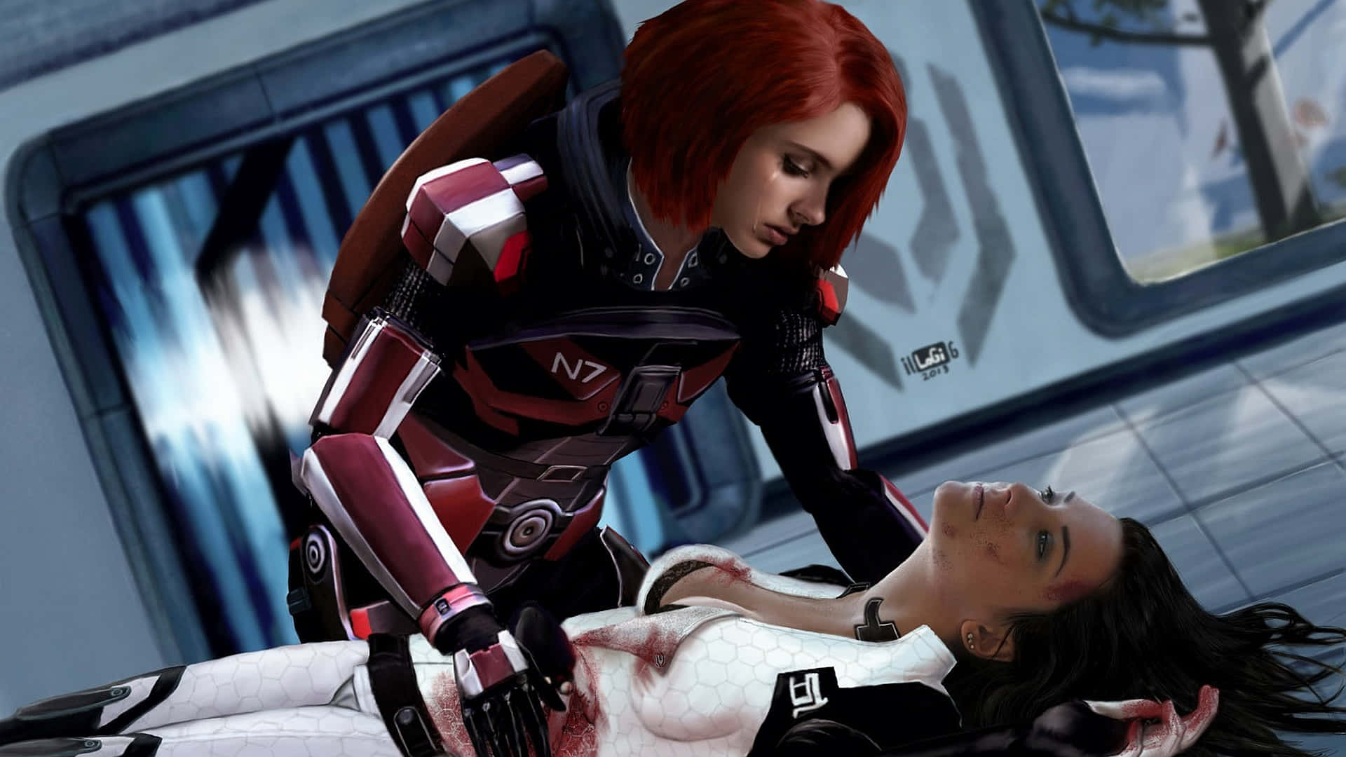 Mass Effect Femshep 桌布 壁紙 — 一位紅髮女性身穿紅黑盔甲，在未來醫療艙中俯身照顧受傷的同伴。