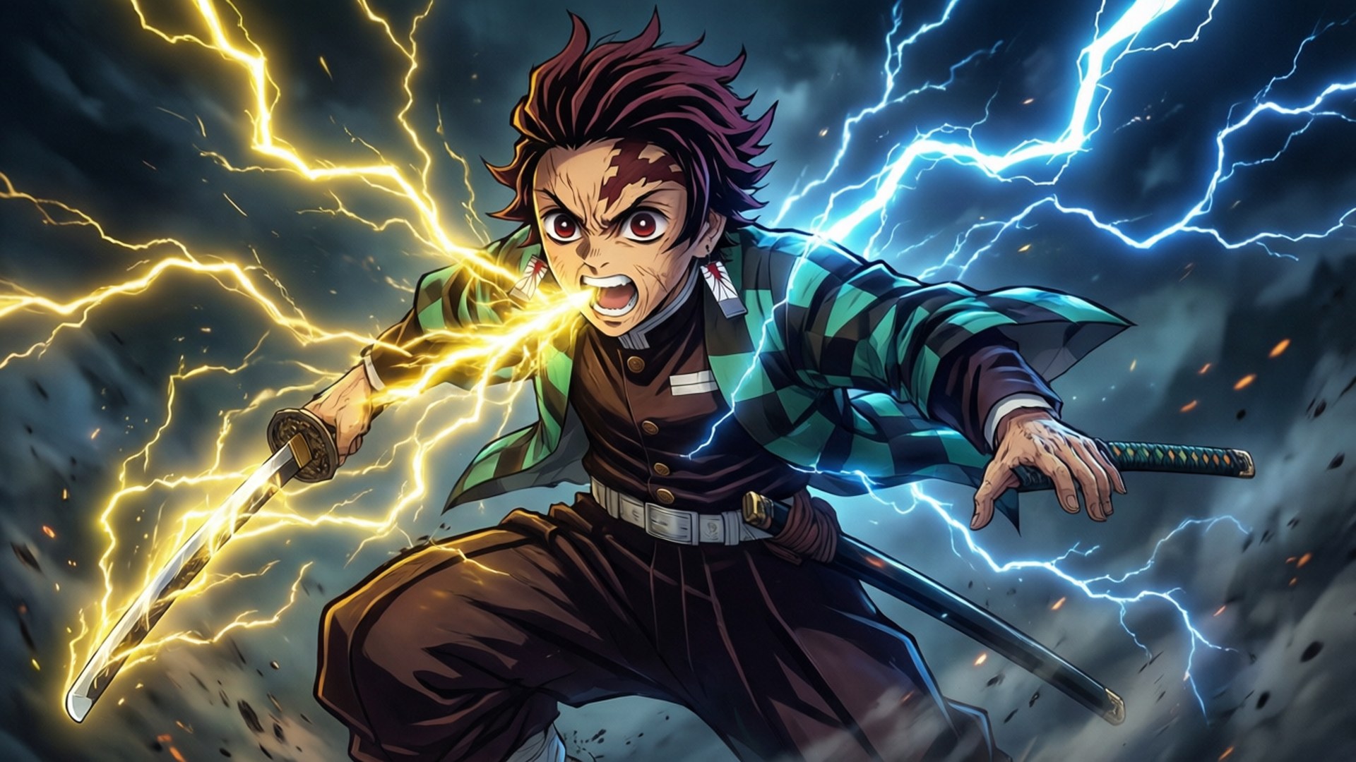Thunder Breathing Zenitsu 壁紙 — 一位紅髮、身穿格紋外套的兇猛動漫戰士，在閃電劈啪作響的暴風雨中，用發光的劍劃破天際。