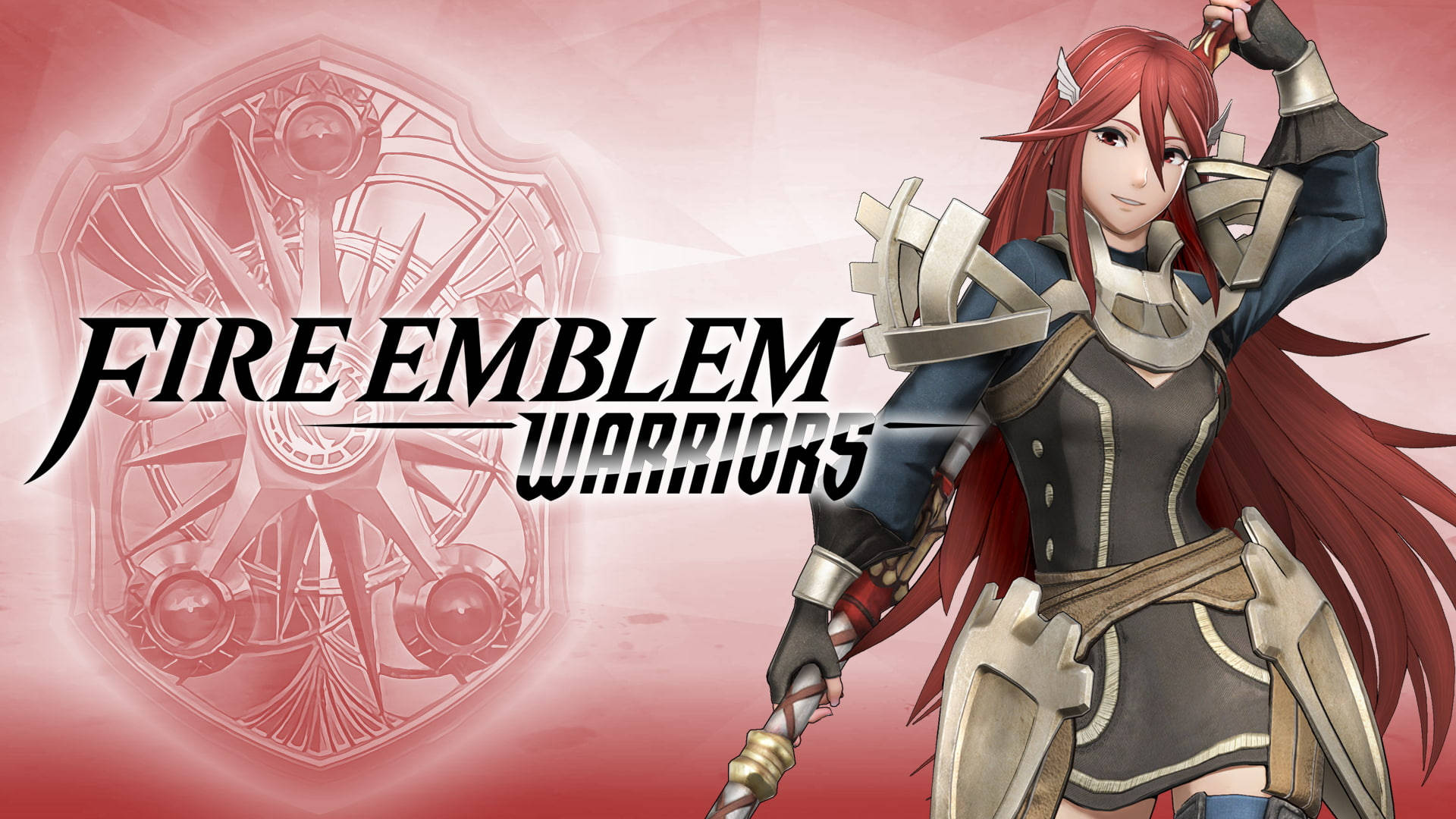 動漫風格的女戰士穿著盔甲，手持劍，帶有Fire Emblem Warriors標誌。 — Fire Emblem Warriors 壁紙
