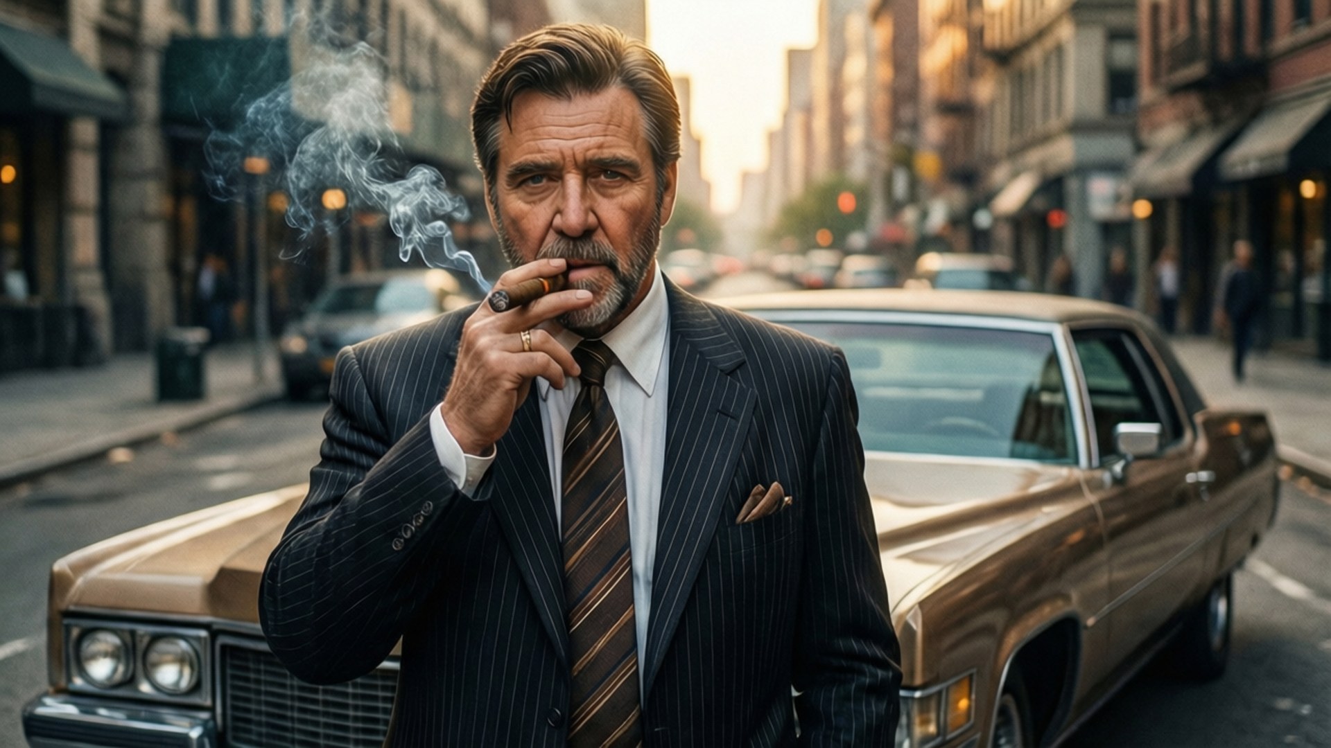 Gangster Style 壁紙 — 一位灰白頭髮的男人穿著細條紋西裝，在陽光明媚的城市街道上，在一輛復古金色汽車旁抽雪茄。