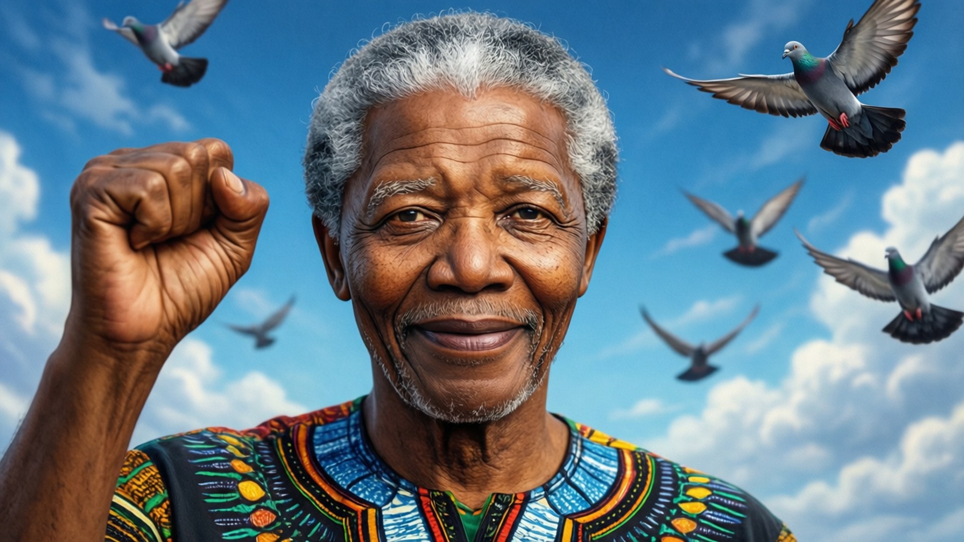 Nelson Mandela 桌布 壁紙 — 一位灰髮老人舉起拳頭，在滿天飛鴿的明亮藍天下溫暖微笑。