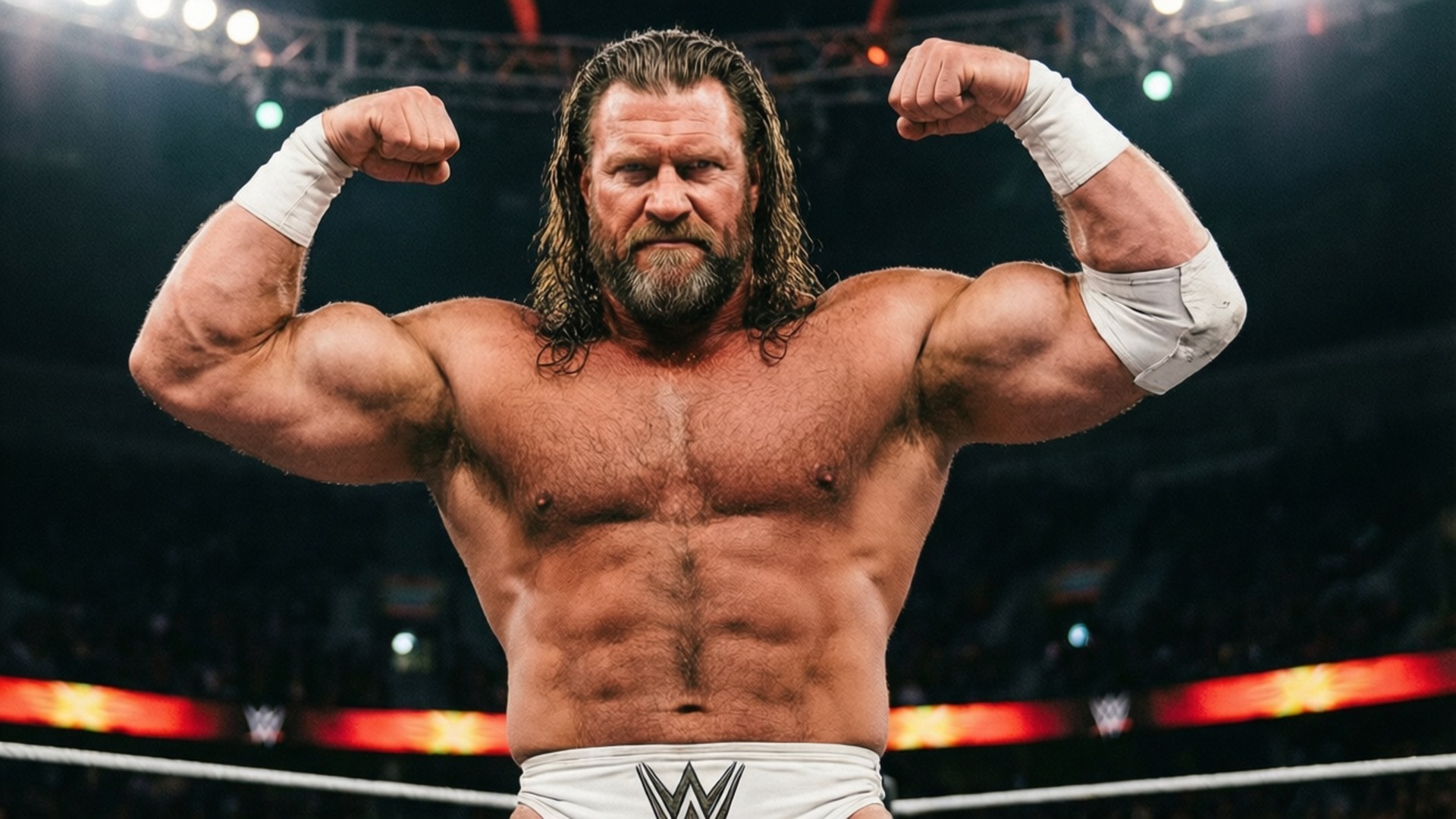 Big E Flexing Power 壁紙 — 一位肌肉發達、長髮鬍鬚的摔角手在明亮的競技場燈光下於摔角台上彎曲雙臂。