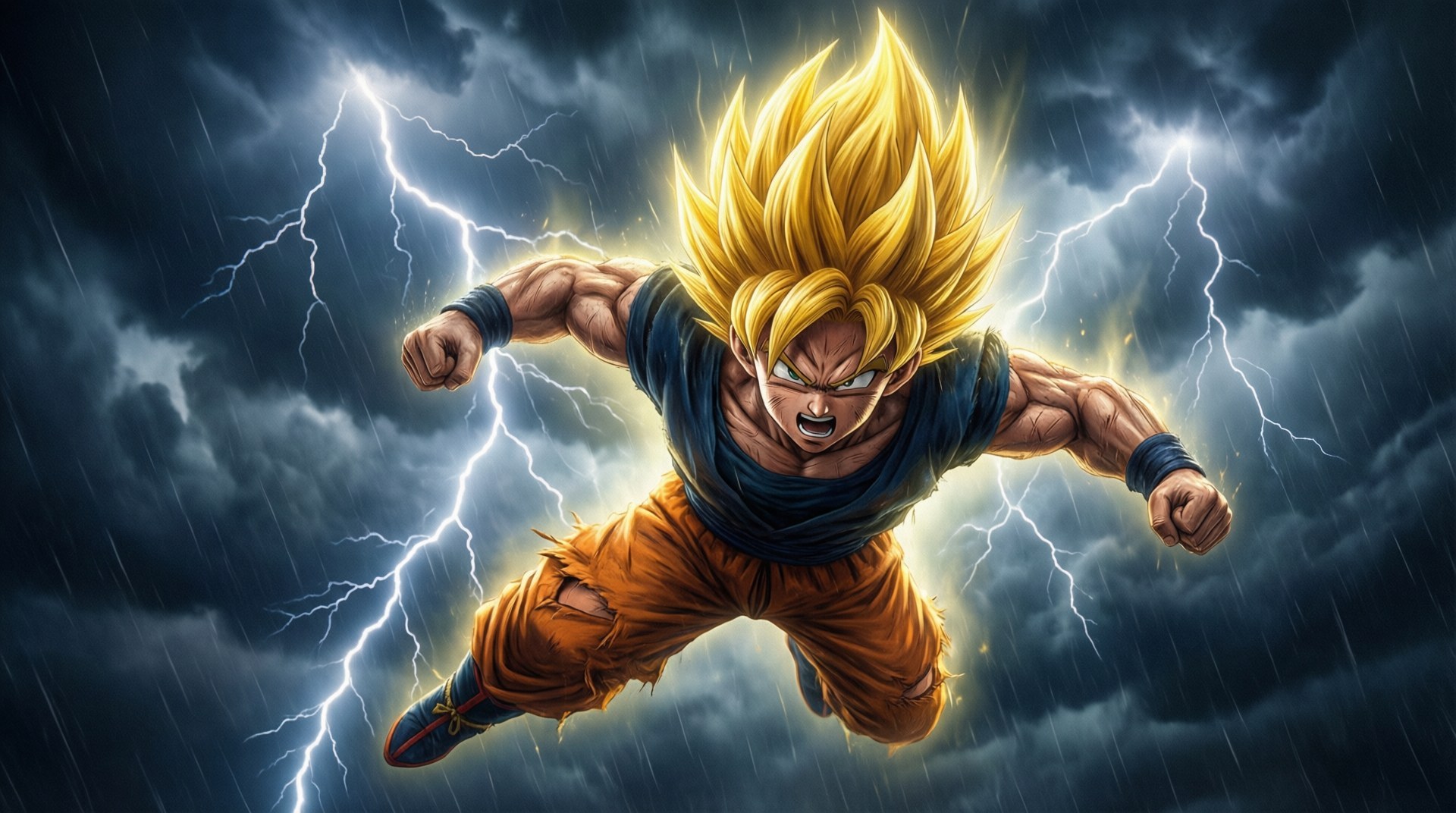 Stormy Saiyan Ascent 壁紙 — 一位肌肉發達的動漫戰士，金色尖刺頭髮，在閃電環繞的暴風雨中飛翔。