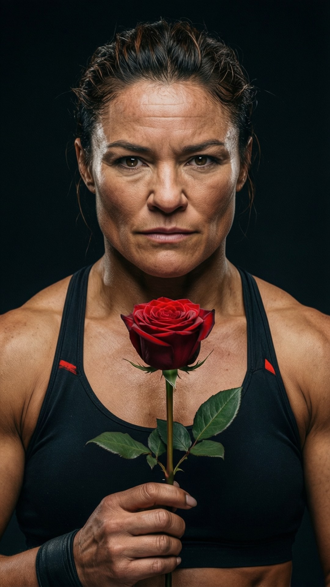 Ronda with a Rose 壁紙 — 一位肌肉發達的女性穿著黑色運動內衣，在深色背景前手持一朵紅玫瑰。